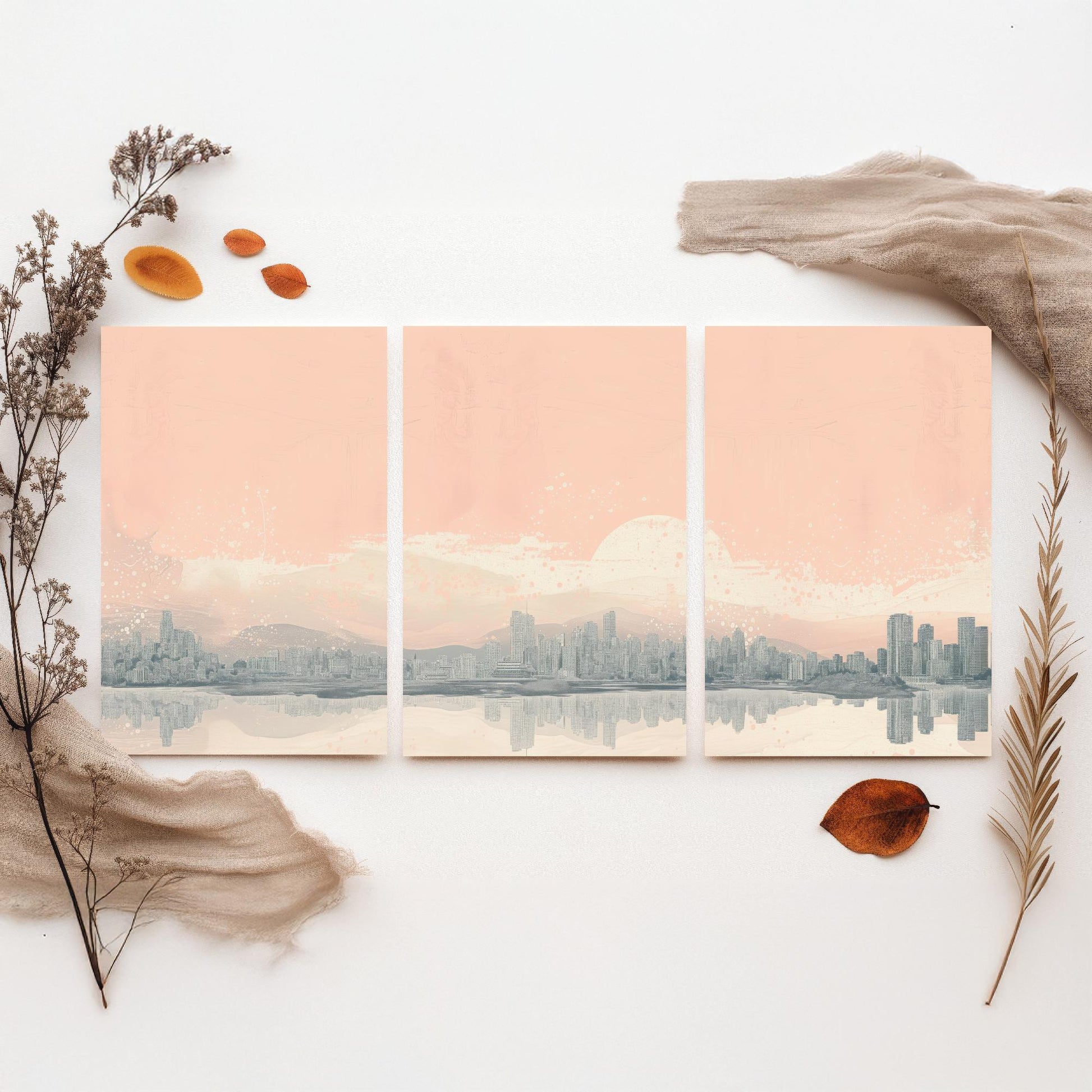 Vancouver Skyline Set of Three Prints - Mountain Panorama - Pale Pink Grey Line Illustration City Poster Wall Art Canada