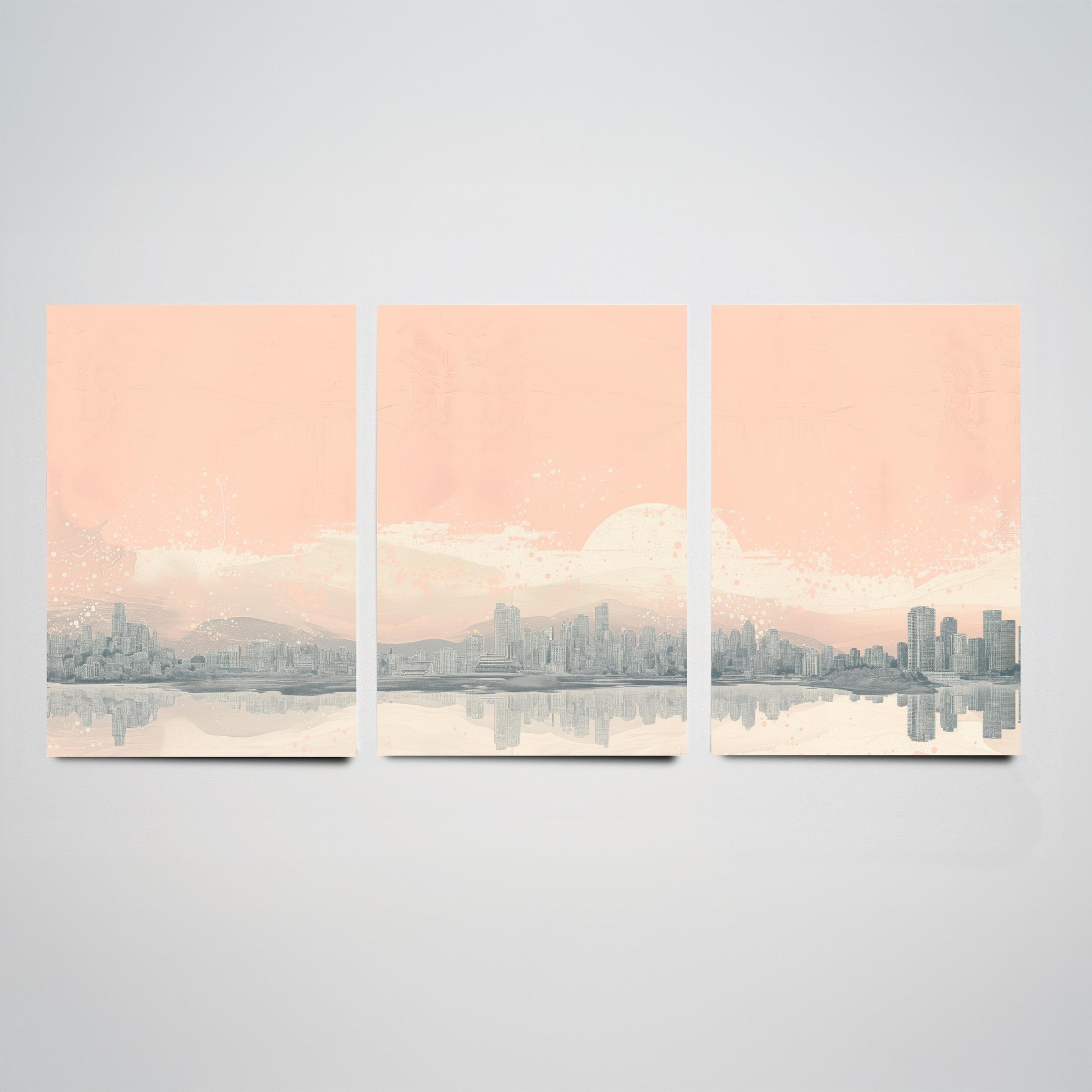 Vancouver Skyline Set of Three Prints - Mountain Panorama - Pale Pink Grey Line Illustration City Poster Wall Art Canada