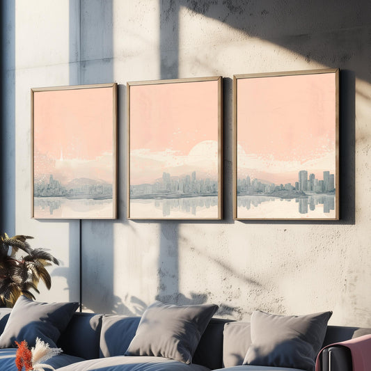 Vancouver Skyline Set of Three Prints - Mountain Panorama - Pale Pink Grey Line Illustration City Poster Wall Art Canada