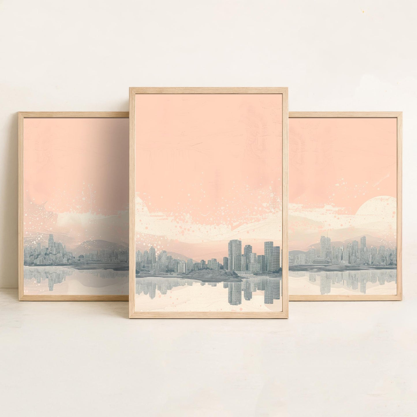 Vancouver Skyline Set of Three Prints - Mountain Panorama - Pale Pink Grey Line Illustration City Poster Wall Art Canada