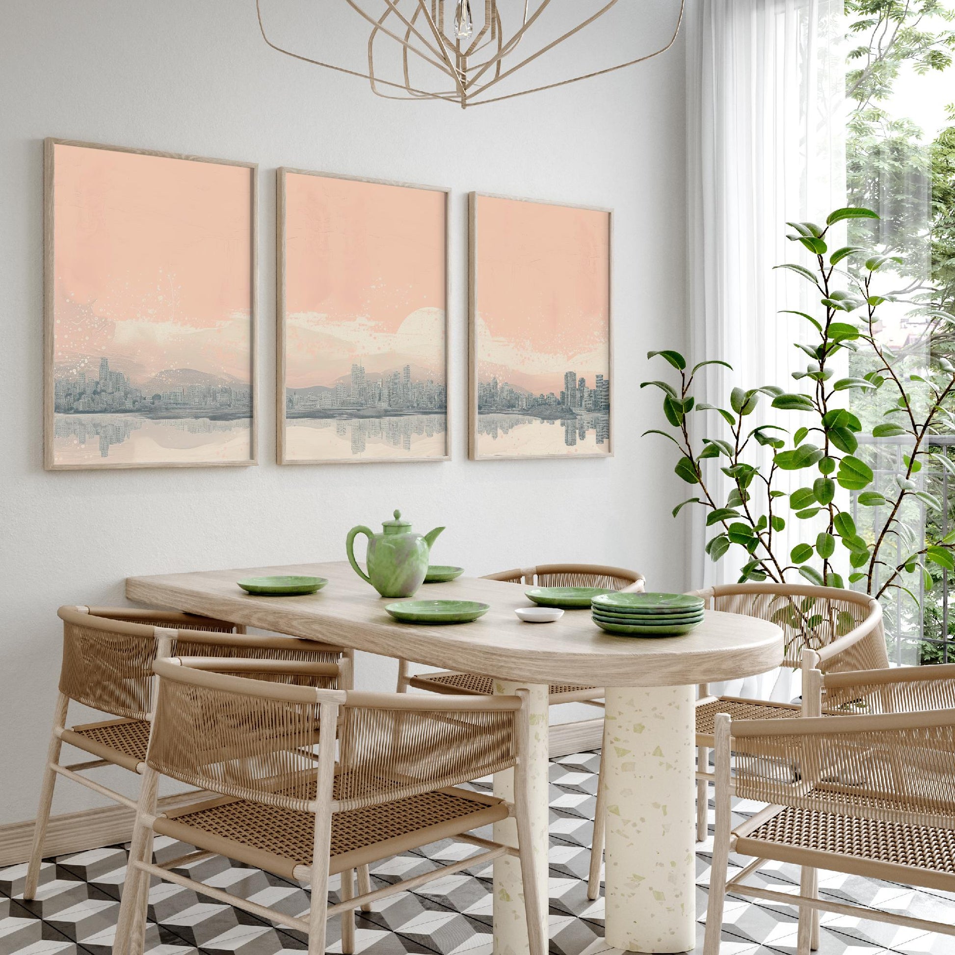 Vancouver Skyline Set of Three Prints - Mountain Panorama - Pale Pink Grey Line Illustration City Poster Wall Art Canada