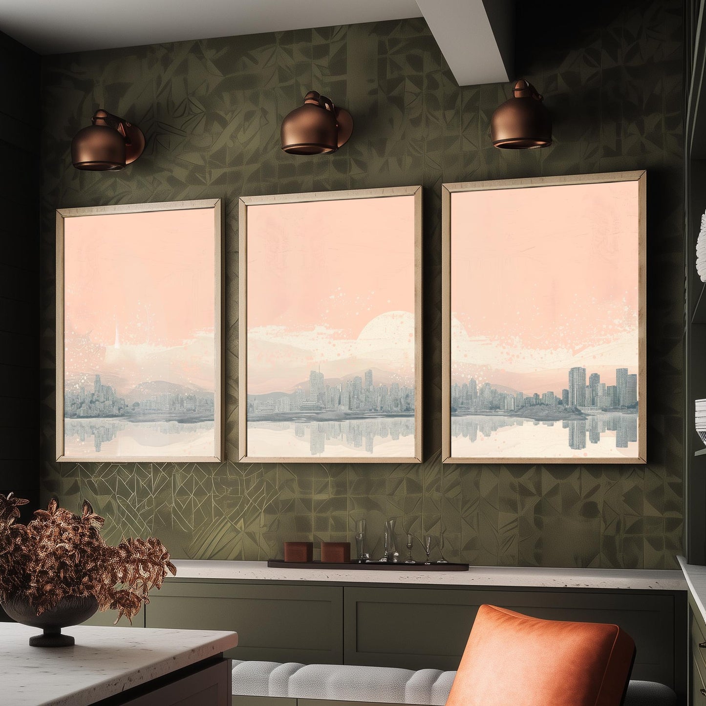 Vancouver Skyline Set of Three Prints - Mountain Panorama - Pale Pink Grey Line Illustration City Poster Wall Art Canada