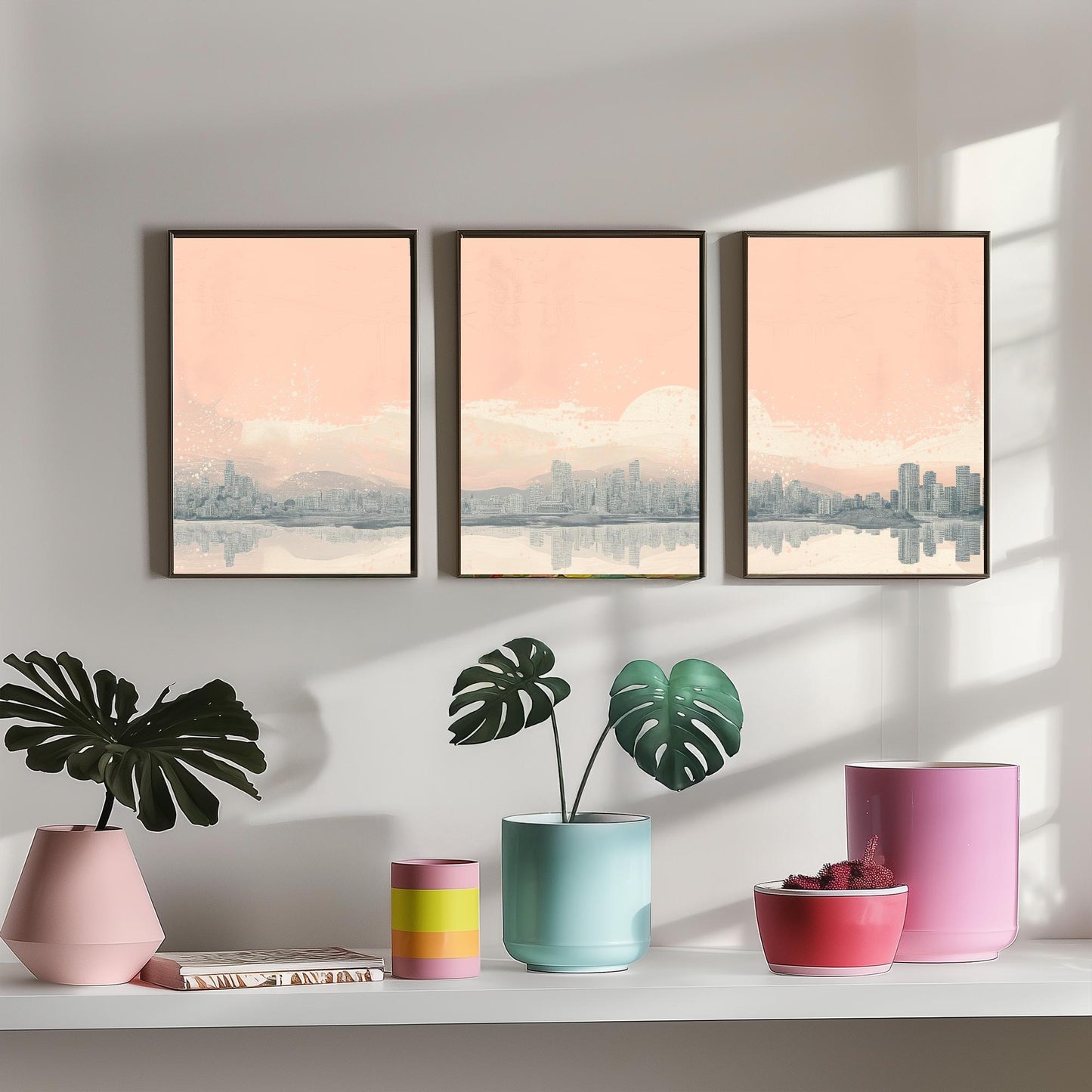 Vancouver Skyline Set of Three Prints - Mountain Panorama - Pale Pink Grey Line Illustration City Poster Wall Art Canada