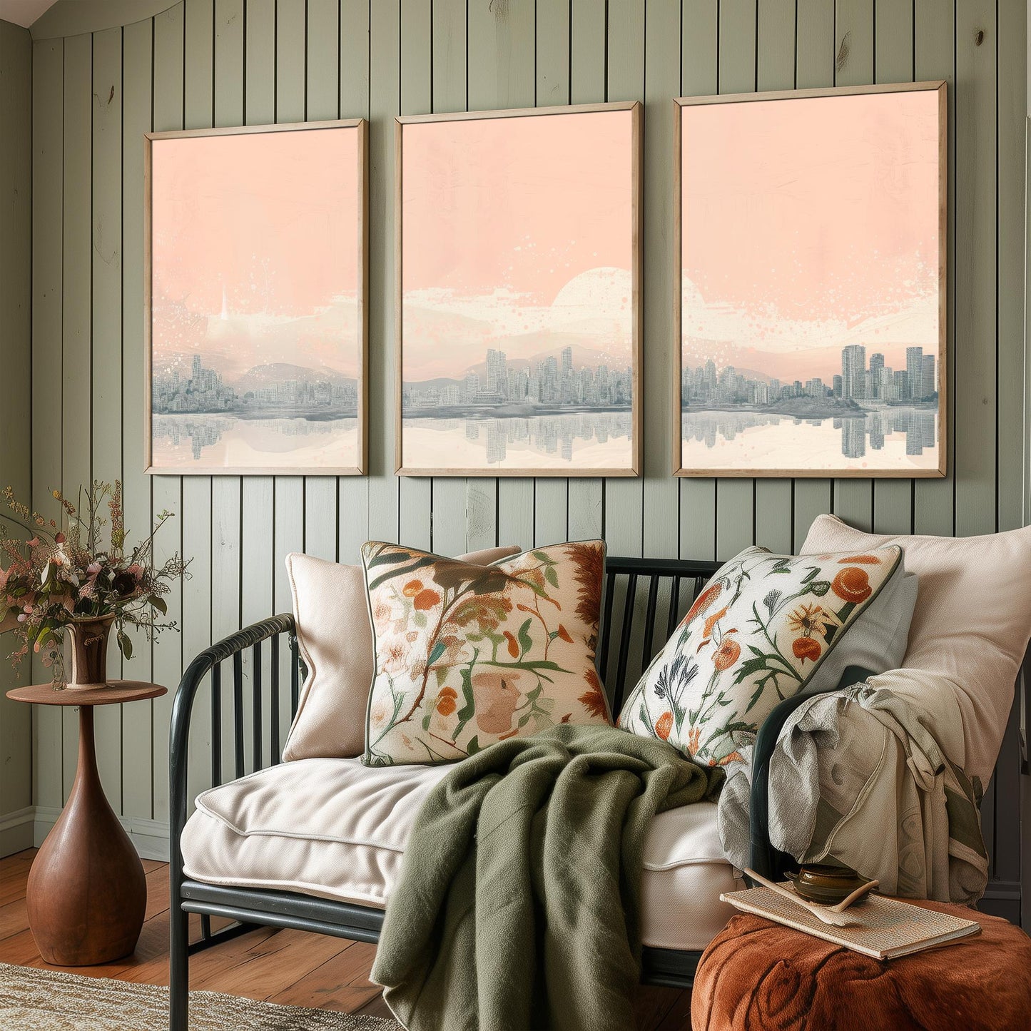 Vancouver Skyline Set of Three Prints - Mountain Panorama - Pale Pink Grey Line Illustration City Poster Wall Art Canada