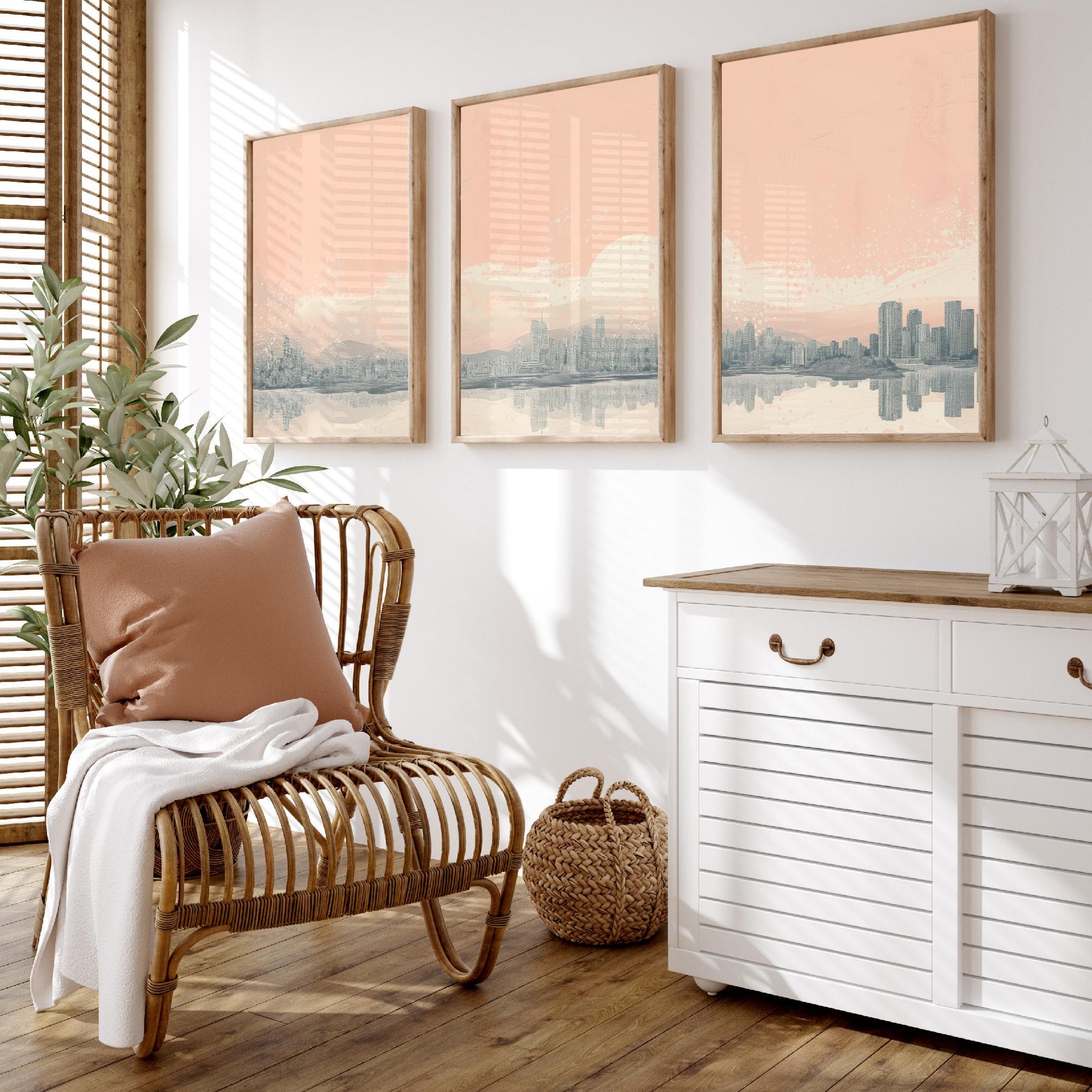 Vancouver Skyline Set of Three Prints - Mountain Panorama - Pale Pink Grey Line Illustration City Poster Wall Art Canada