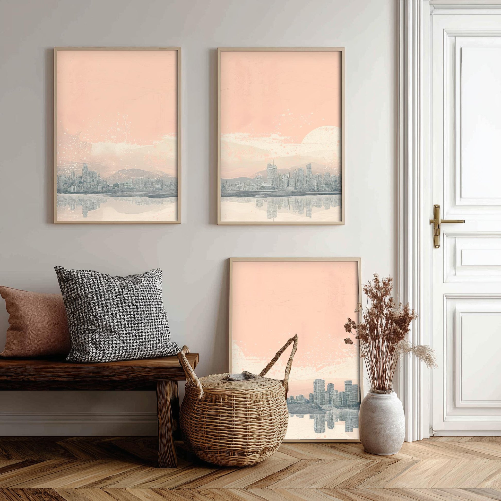Vancouver Skyline Set of Three Prints - Mountain Panorama - Pale Pink Grey Line Illustration City Poster Wall Art Canada