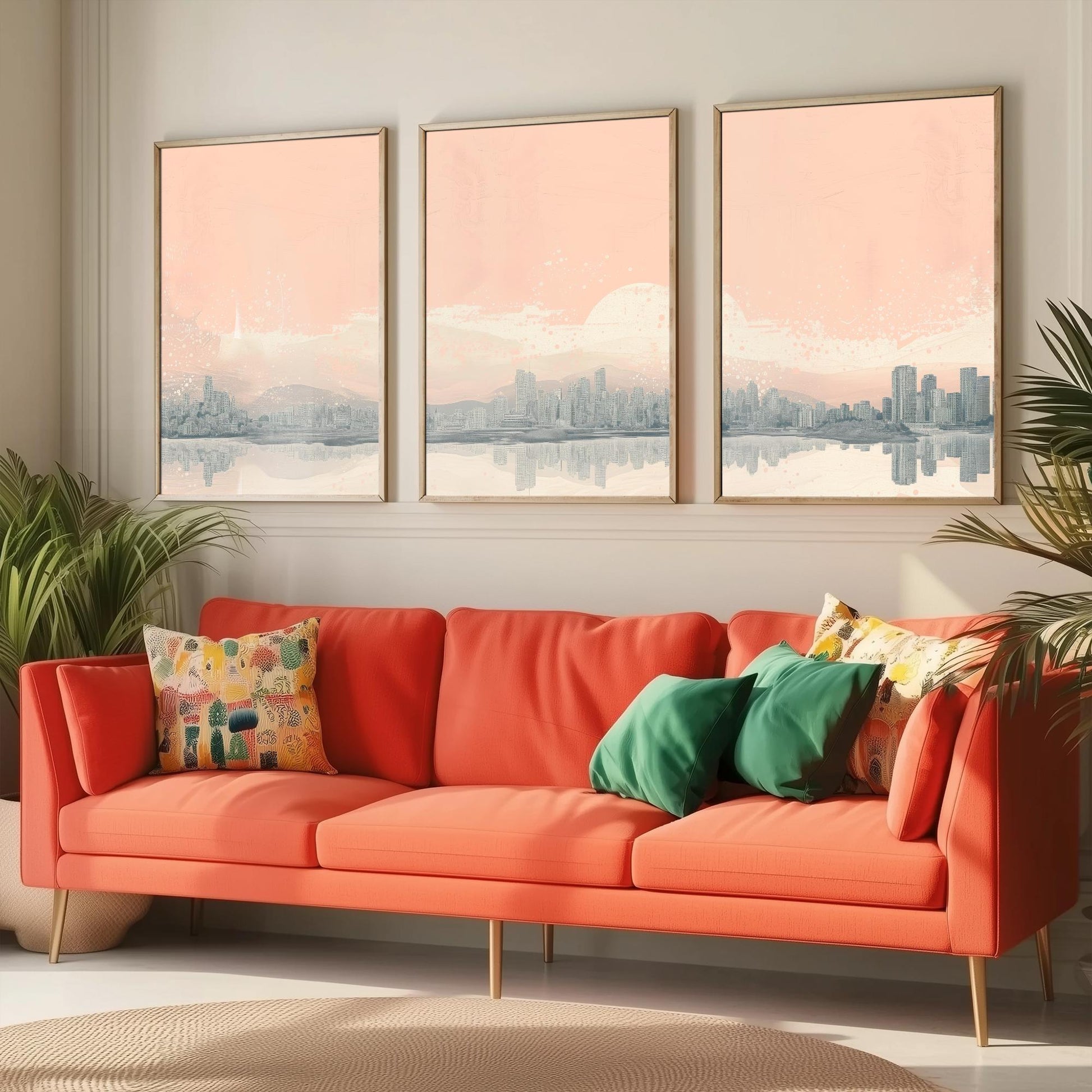 Vancouver Skyline Set of Three Prints - Mountain Panorama - Pale Pink Grey Line Illustration City Poster Wall Art Canada