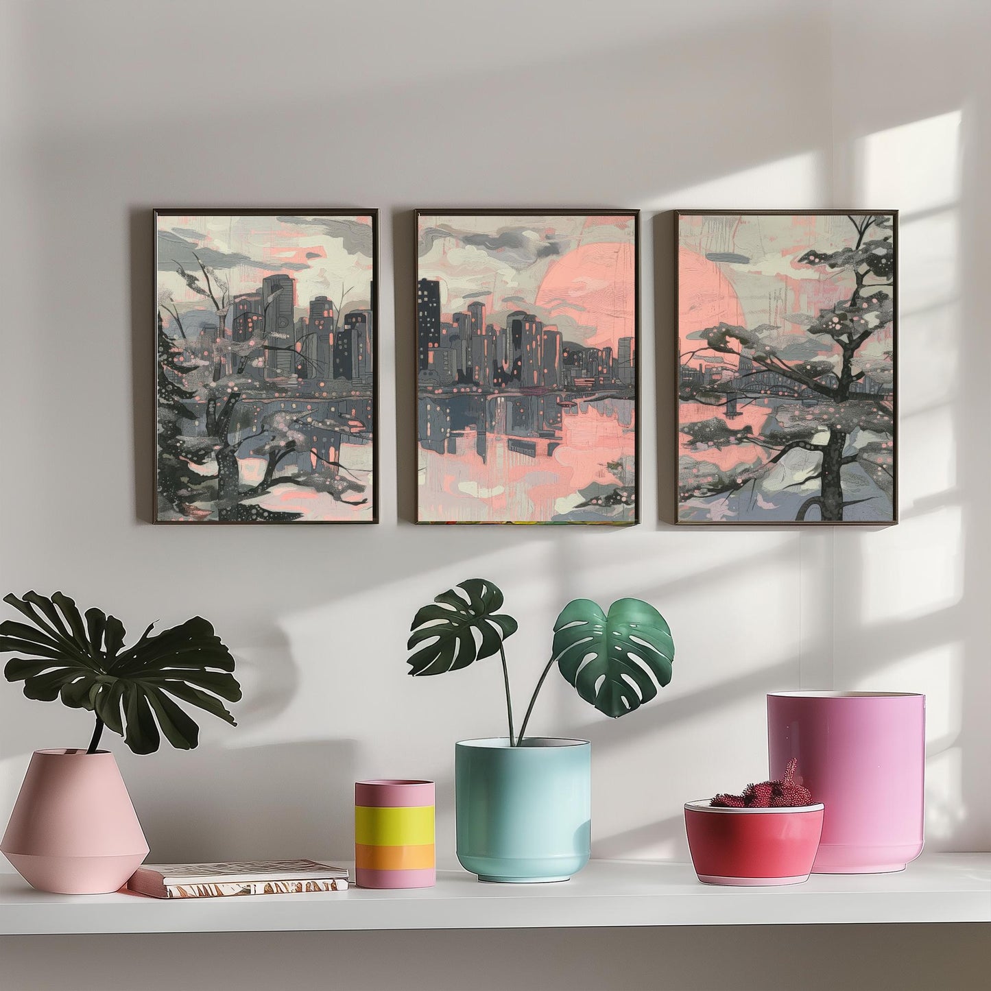 Vancouver Skyline Set of Three Art Prints V2 - Pink Sunset Cherry Blossom Cityscape - Line Illustration Poster Canada Wall Decor