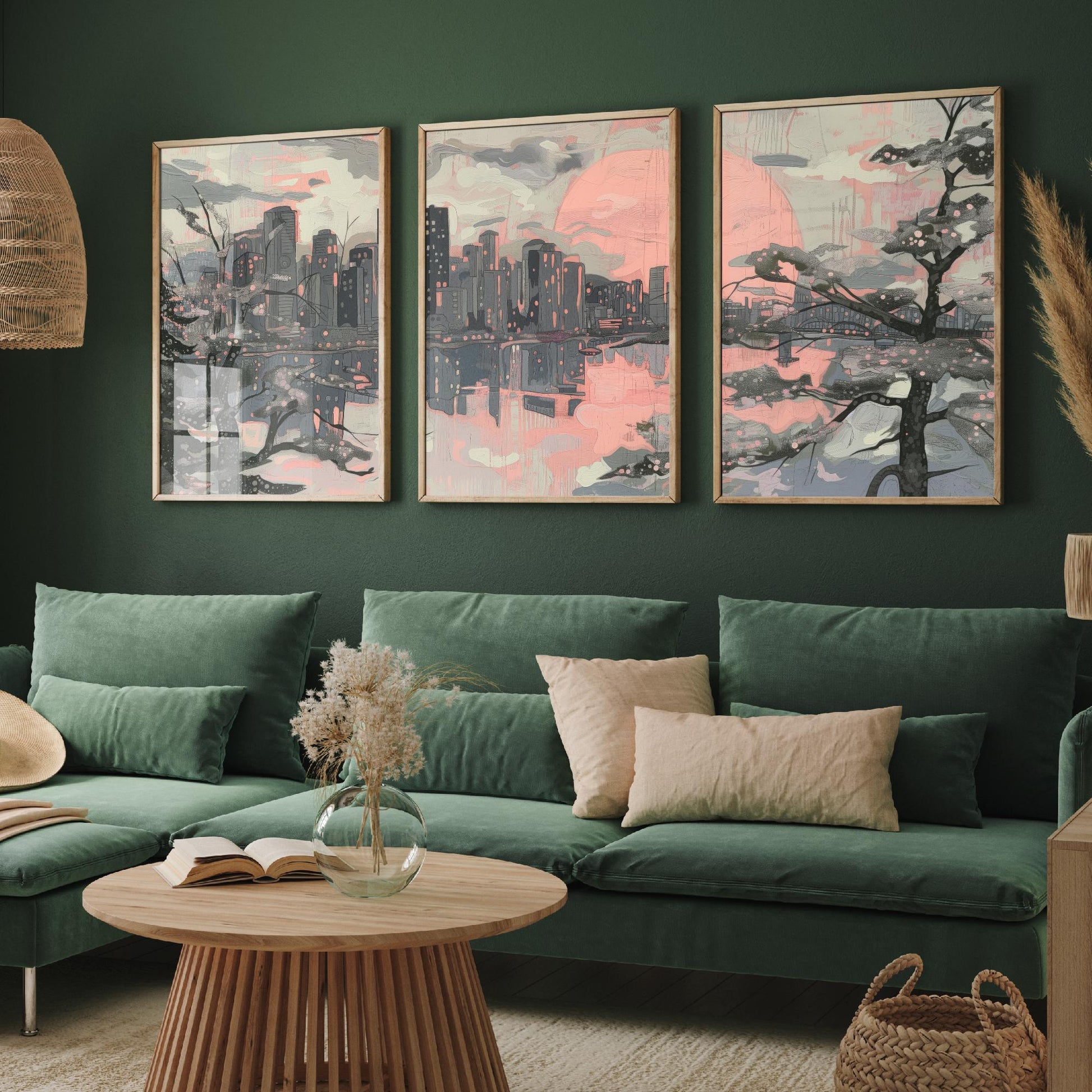 Vancouver Skyline Set of Three Art Prints V2 - Pink Sunset Cherry Blossom Cityscape - Line Illustration Poster Canada Wall Decor