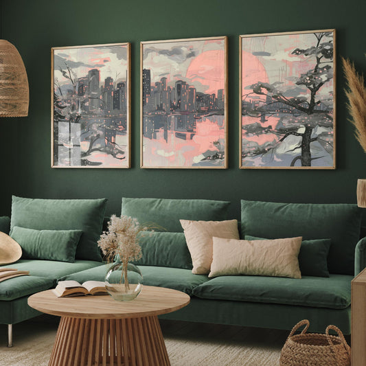 Vancouver Skyline Set of Three Art Prints V2 - Pink Sunset Cherry Blossom Cityscape - Line Illustration Poster Canada Wall Decor