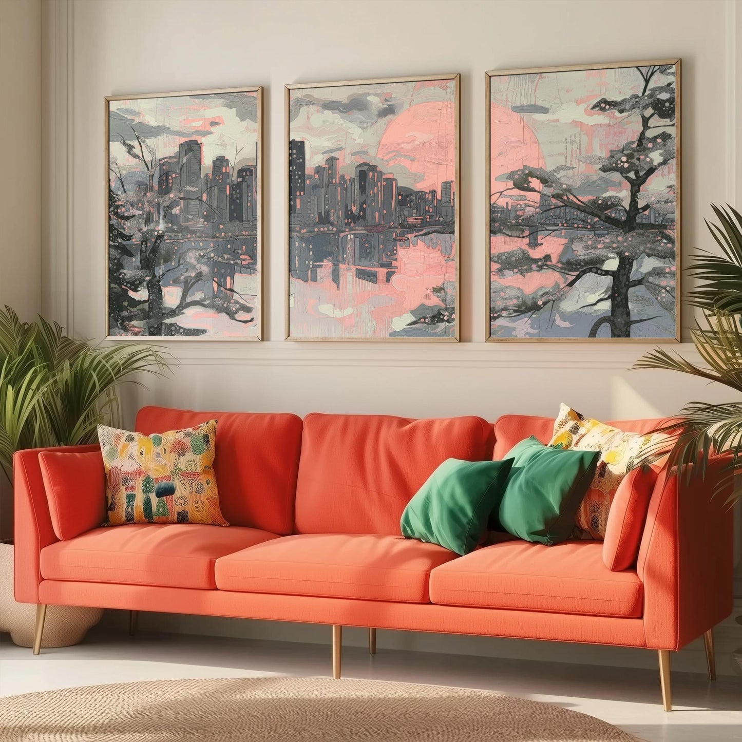 Vancouver Skyline Set of Three Art Prints V2 - Pink Sunset Cherry Blossom Cityscape - Line Illustration Poster Canada Wall Decor