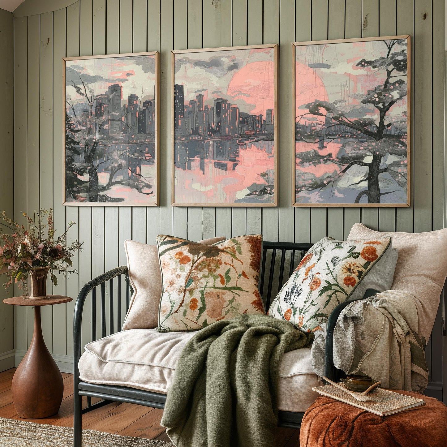 Vancouver Skyline Set of Three Art Prints V2 - Pink Sunset Cherry Blossom Cityscape - Line Illustration Poster Canada Wall Decor