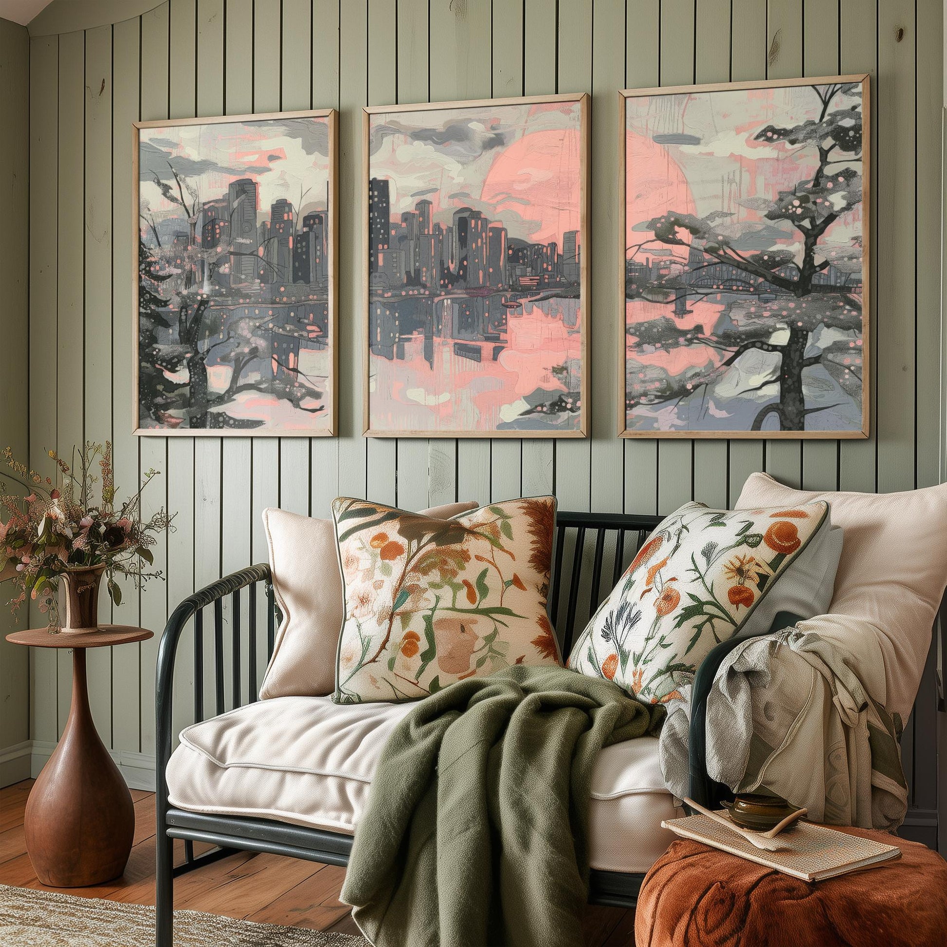 Vancouver Skyline Set of Three Art Prints V2 - Pink Sunset Cherry Blossom Cityscape - Line Illustration Poster Canada Wall Decor