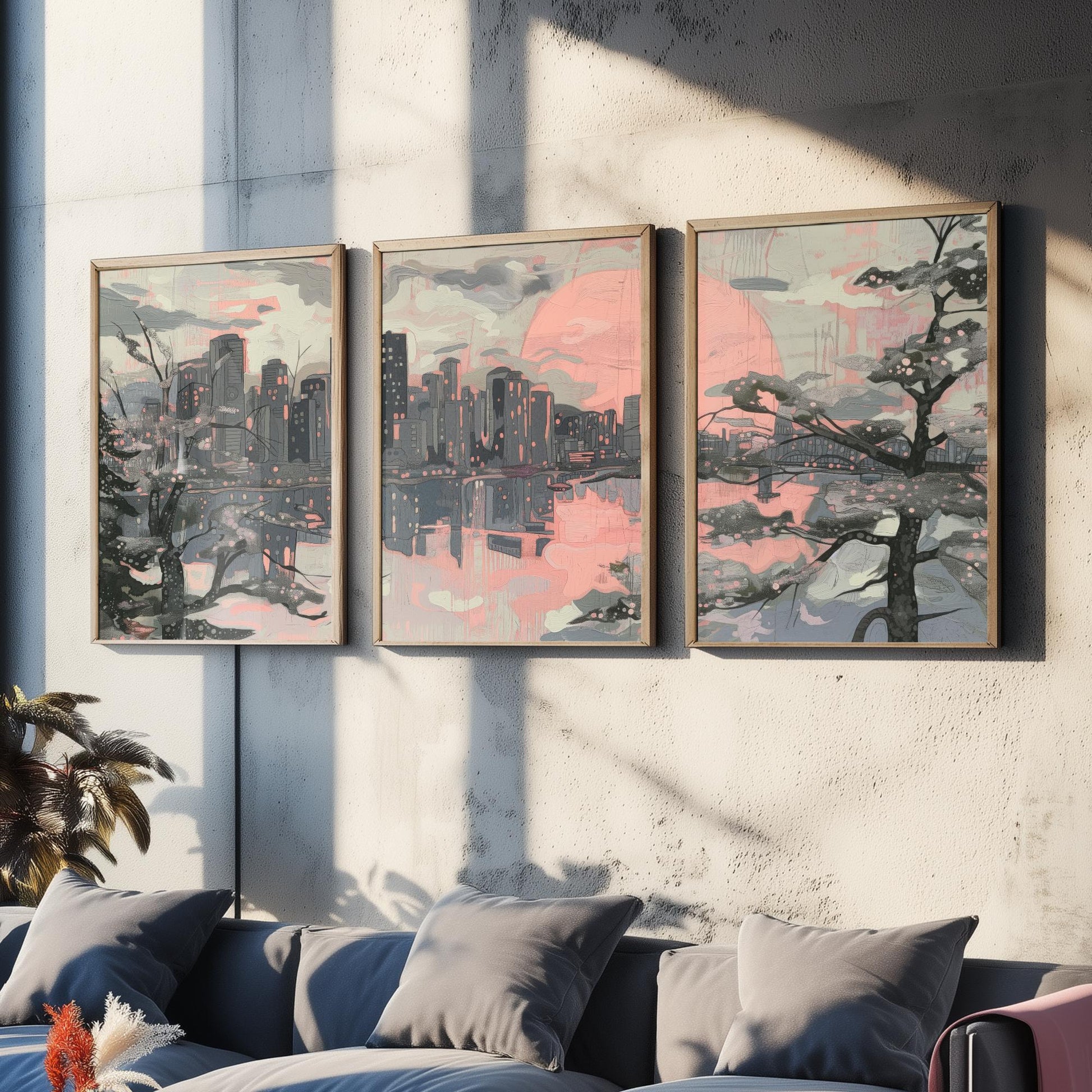 Vancouver Skyline Set of Three Art Prints V2 - Pink Sunset Cherry Blossom Cityscape - Line Illustration Poster Canada Wall Decor