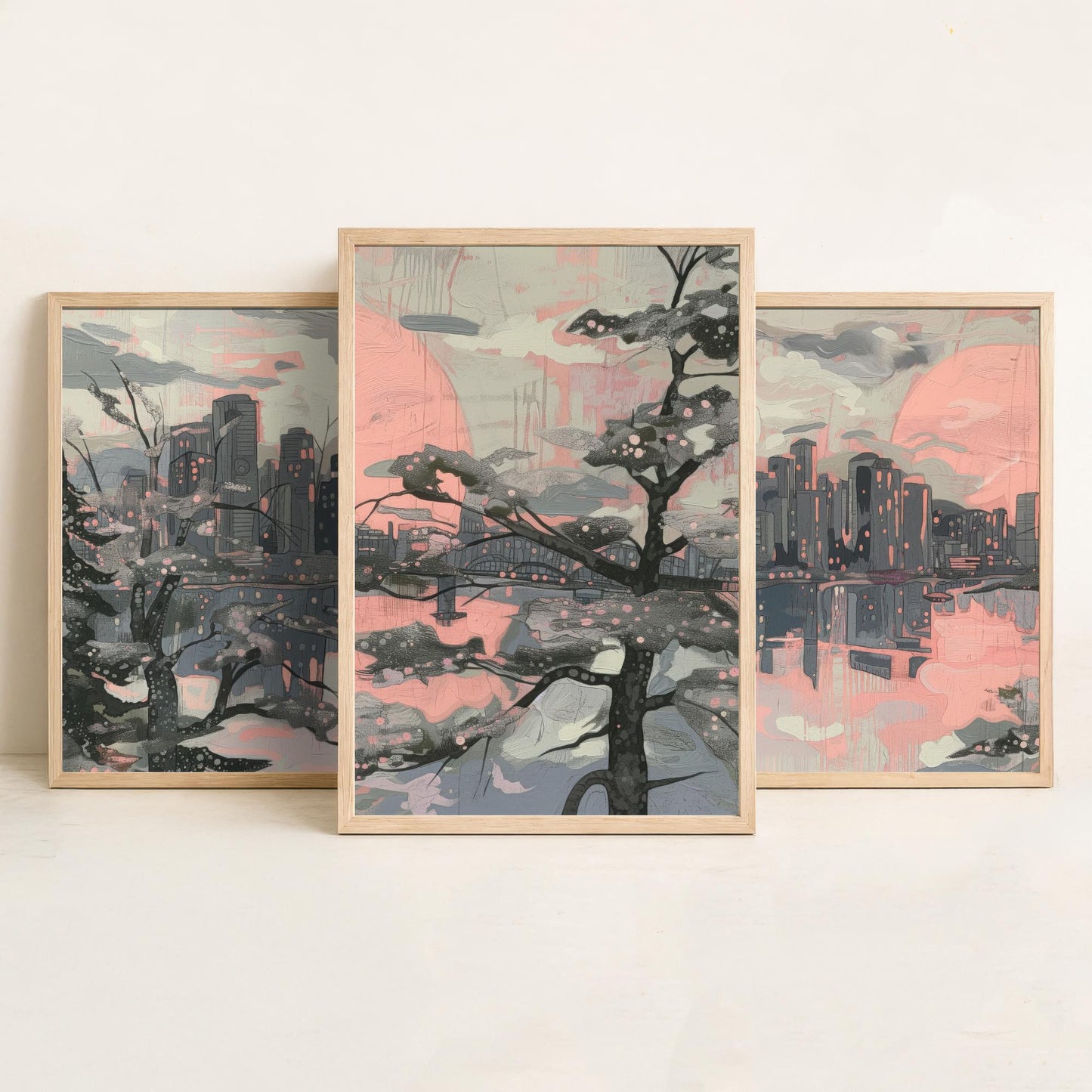 Vancouver Skyline Set of Three Art Prints V2 - Pink Sunset Cherry Blossom Cityscape - Line Illustration Poster Canada Wall Decor