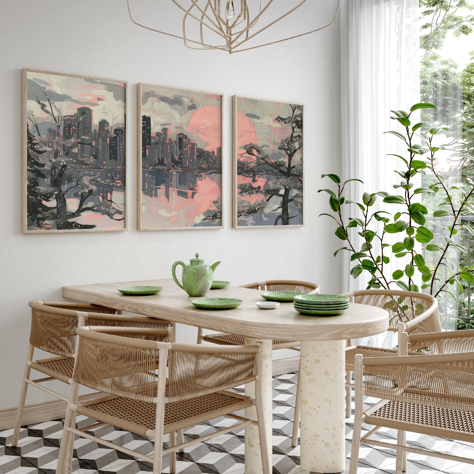 Vancouver Skyline Set of Three Art Prints V2 - Pink Sunset Cherry Blossom Cityscape - Line Illustration Poster Canada Wall Decor