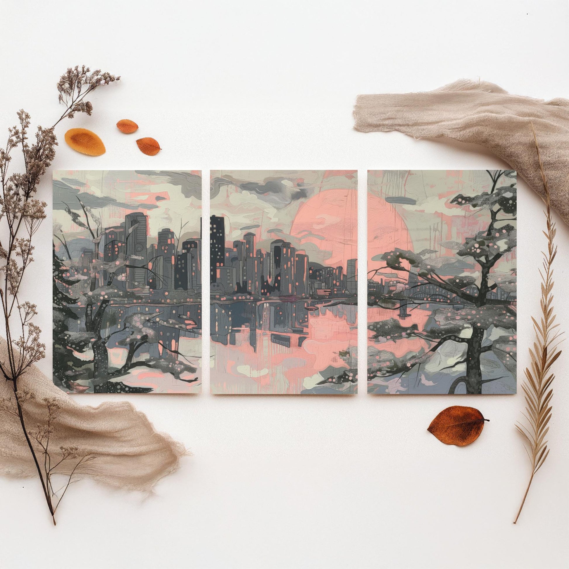Vancouver Skyline Set of Three Art Prints V2 - Pink Sunset Cherry Blossom Cityscape - Line Illustration Poster Canada Wall Decor