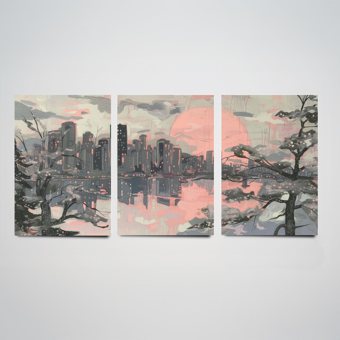 Vancouver Skyline Set of Three Art Prints V2 - Pink Sunset Cherry Blossom Cityscape - Line Illustration Poster Canada Wall Decor