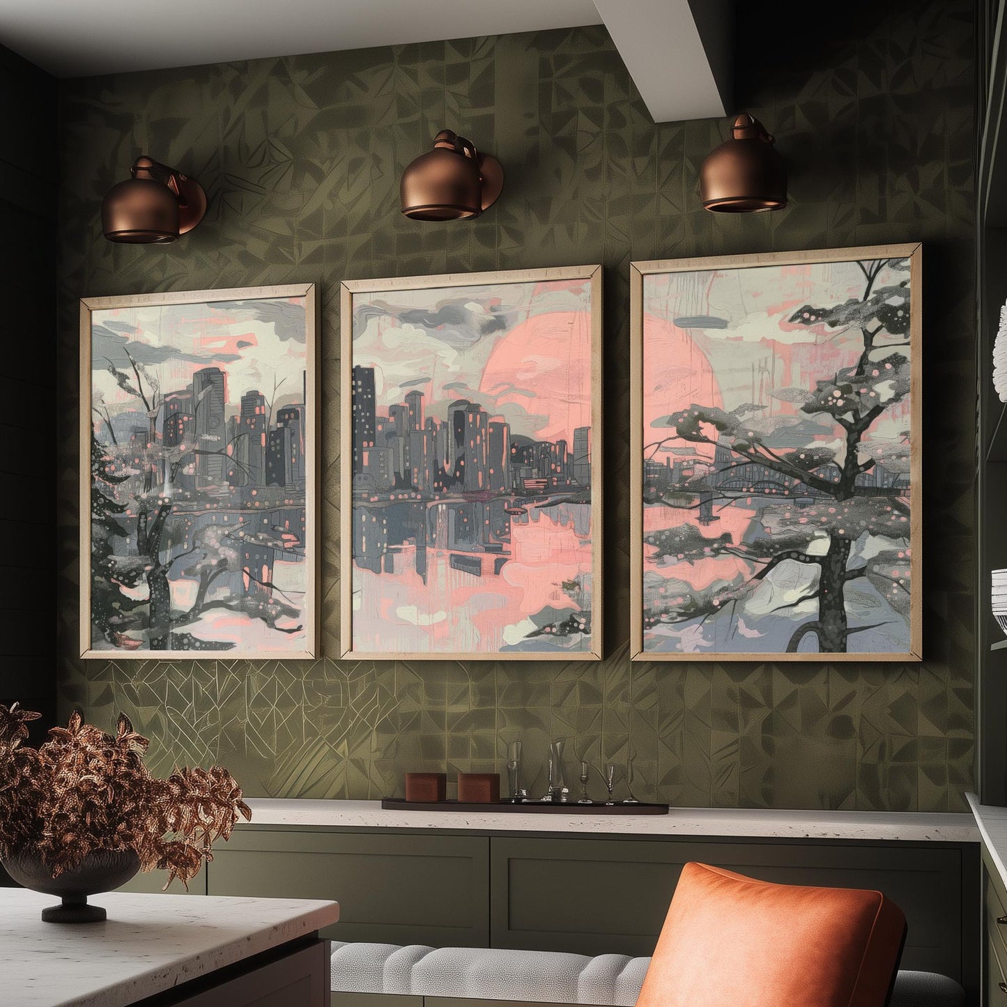 Vancouver Skyline Set of Three Art Prints V2 - Pink Sunset Cherry Blossom Cityscape - Line Illustration Poster Canada Wall Decor