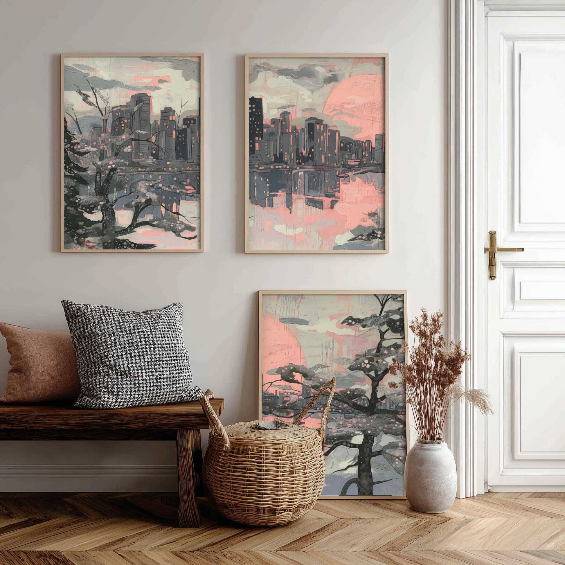 Vancouver Skyline Set of Three Art Prints V2 - Pink Sunset Cherry Blossom Cityscape - Line Illustration Poster Canada Wall Decor