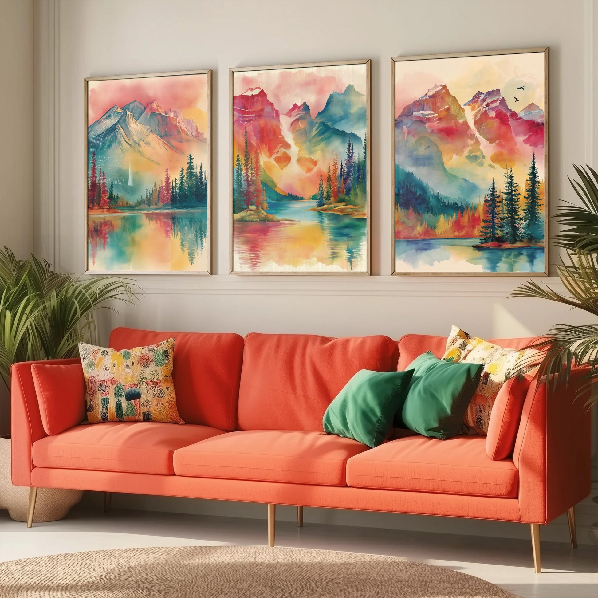 Canadian Rockies Set of Three Art Prints - 3 Vibrant Mountain Lake Watercolour Posters - Rainbow Landscape Wall Decor Canada Gift