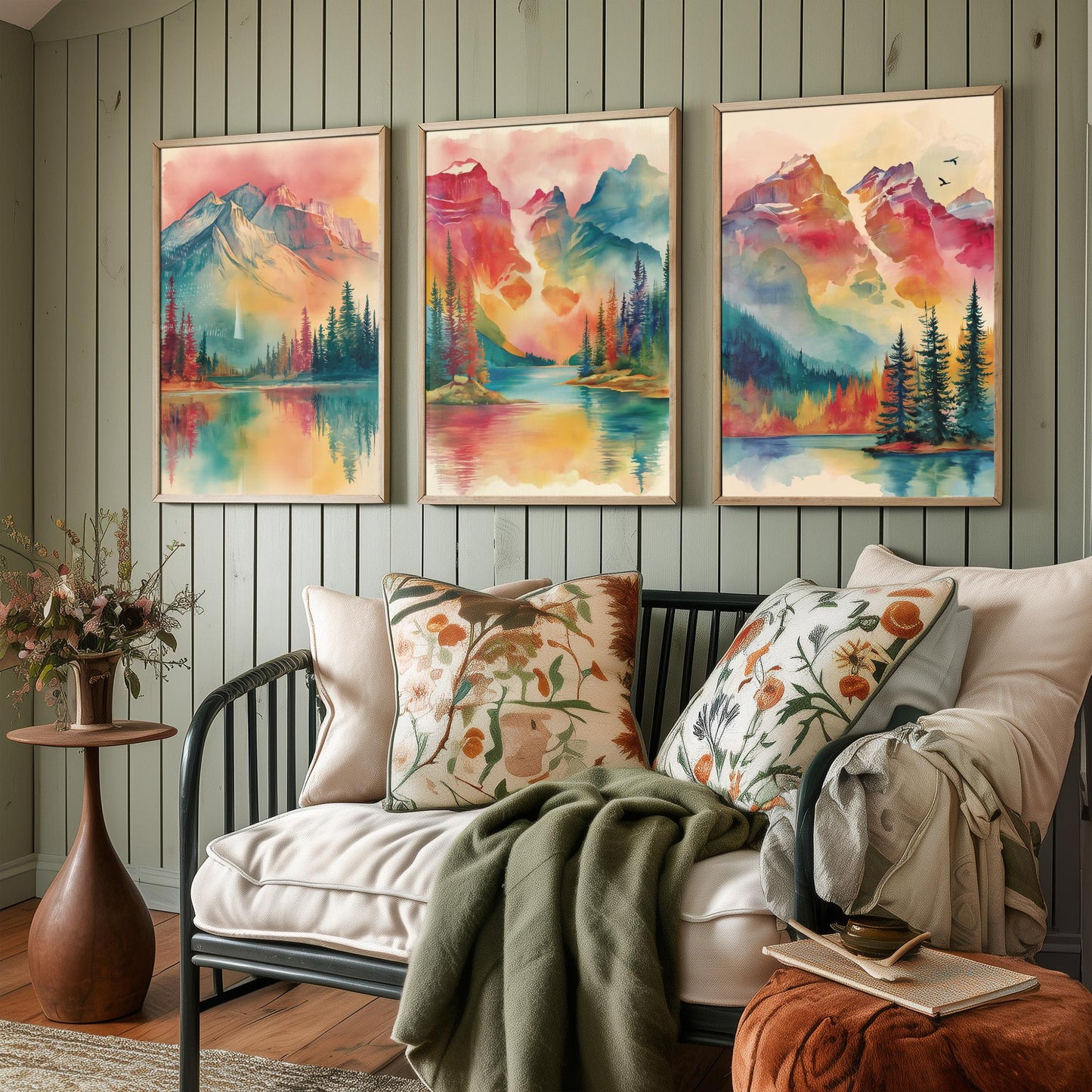Canadian Rockies Set of Three Art Prints - 3 Vibrant Mountain Lake Watercolour Posters - Rainbow Landscape Wall Decor Canada Gift