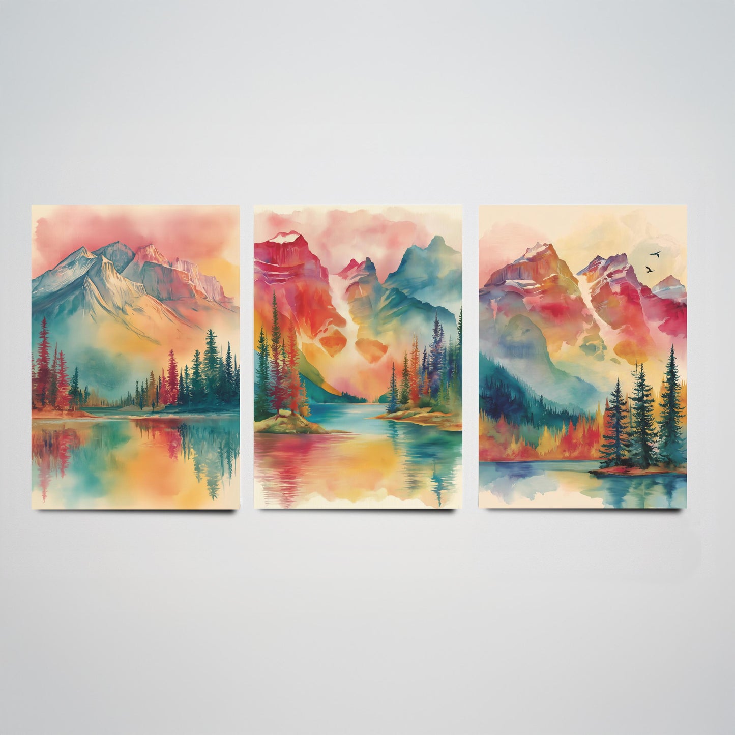 Canadian Rockies Set of Three Art Prints - 3 Vibrant Mountain Lake Watercolour Posters - Rainbow Landscape Wall Decor Canada Gift