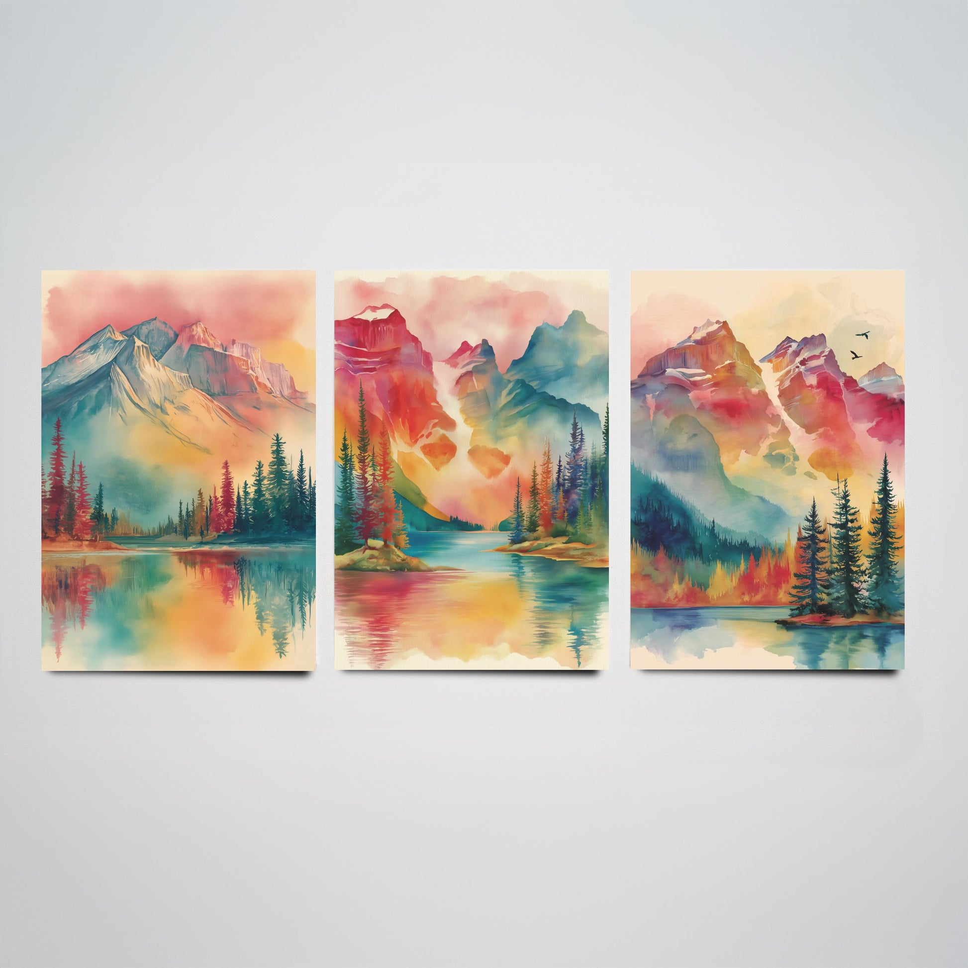 Canadian Rockies Set of Three Art Prints - 3 Vibrant Mountain Lake Watercolour Posters - Rainbow Landscape Wall Decor Canada Gift