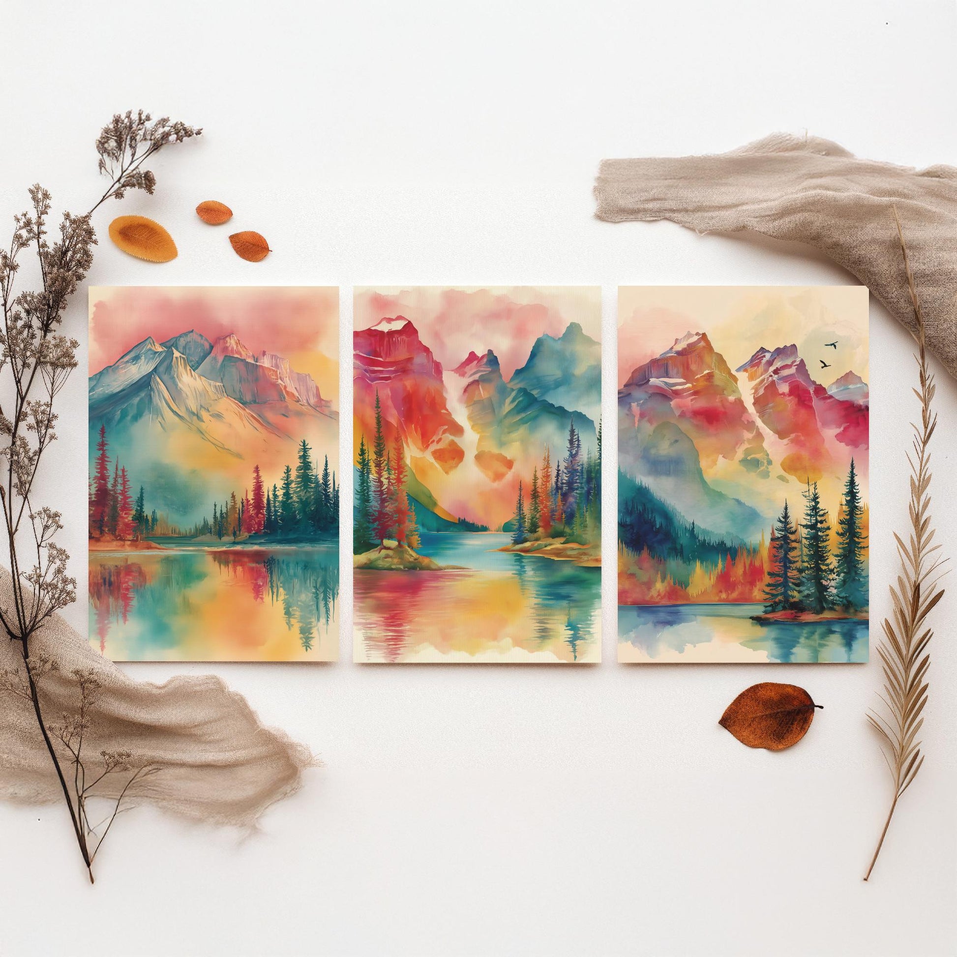 Canadian Rockies Set of Three Art Prints - 3 Vibrant Mountain Lake Watercolour Posters - Rainbow Landscape Wall Decor Canada Gift
