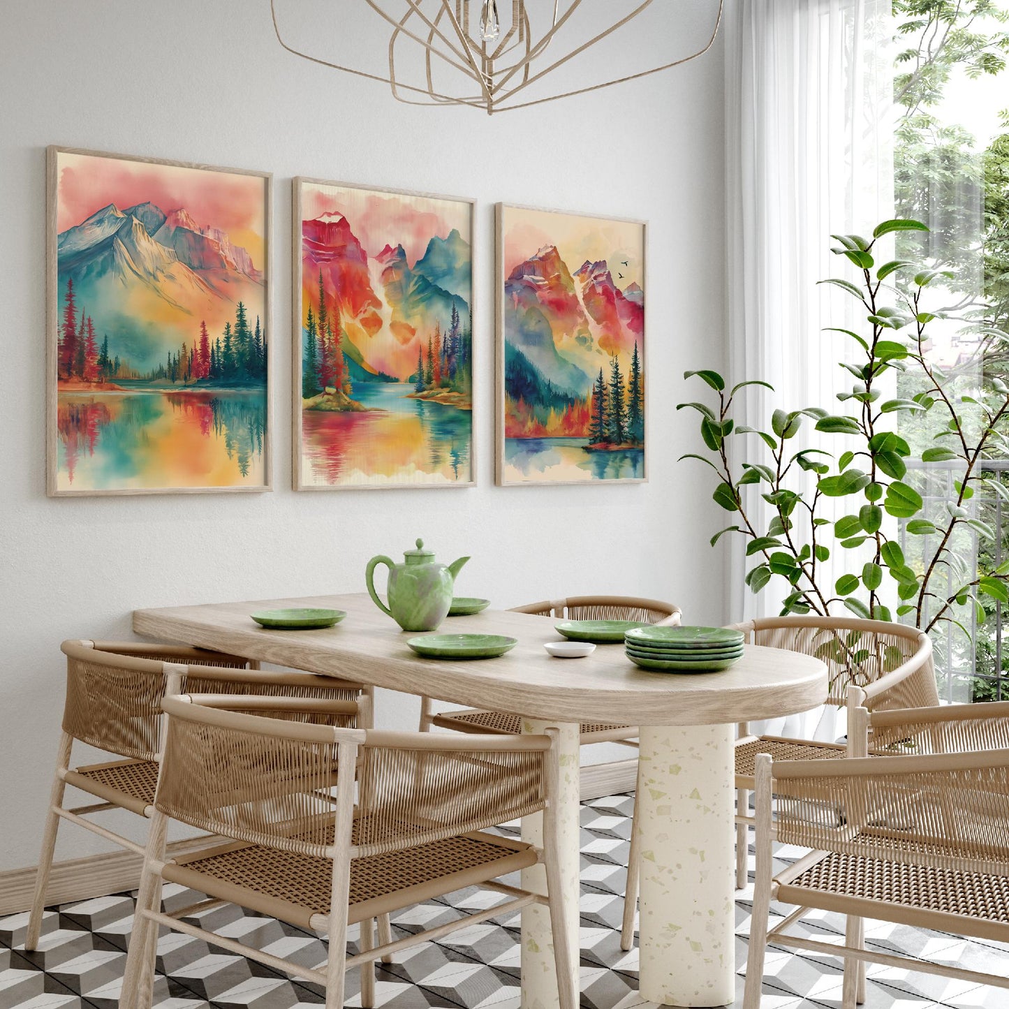 Canadian Rockies Set of Three Art Prints - 3 Vibrant Mountain Lake Watercolour Posters - Rainbow Landscape Wall Decor Canada Gift