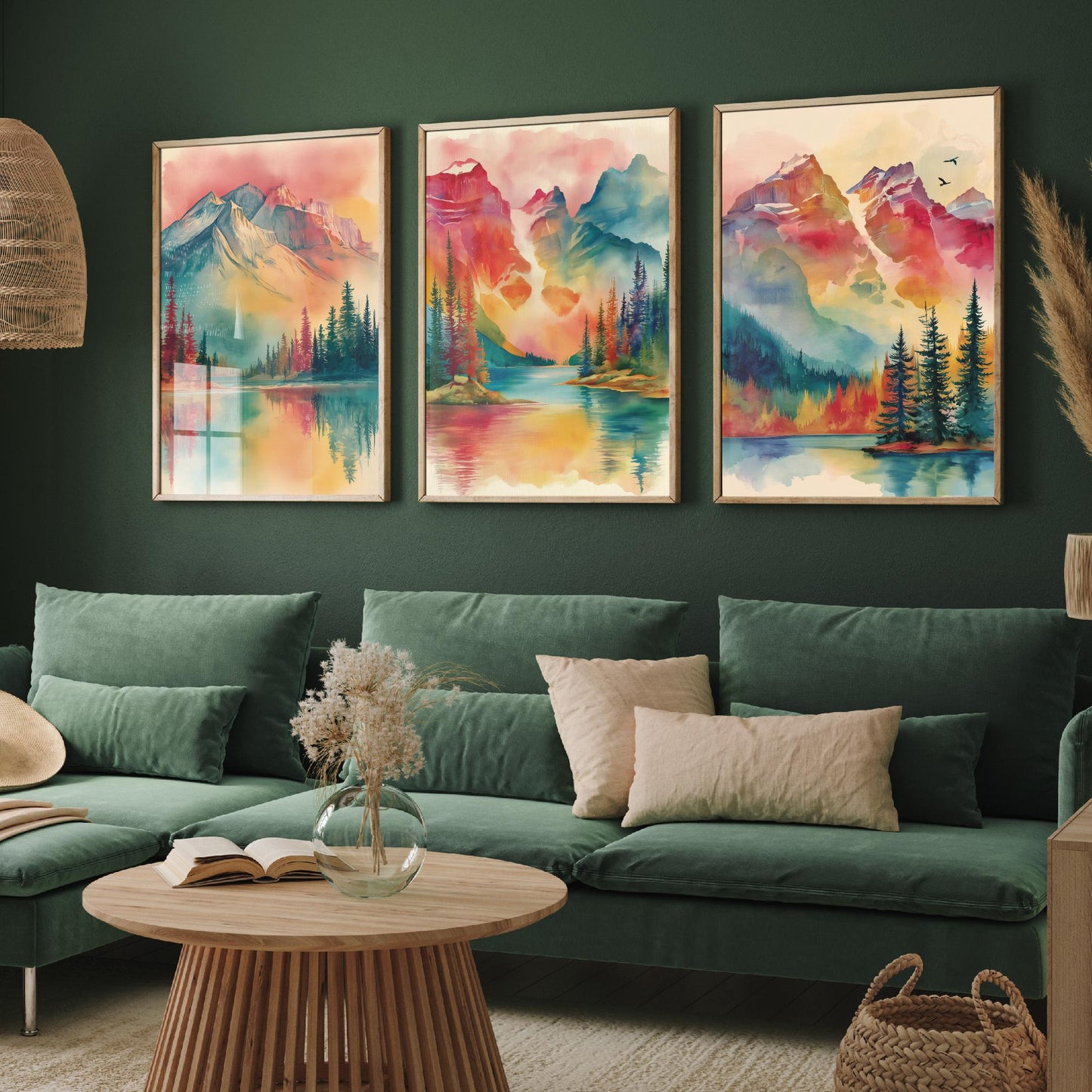 Canadian Rockies Set of Three Art Prints - 3 Vibrant Mountain Lake Watercolour Posters - Rainbow Landscape Wall Decor Canada Gift