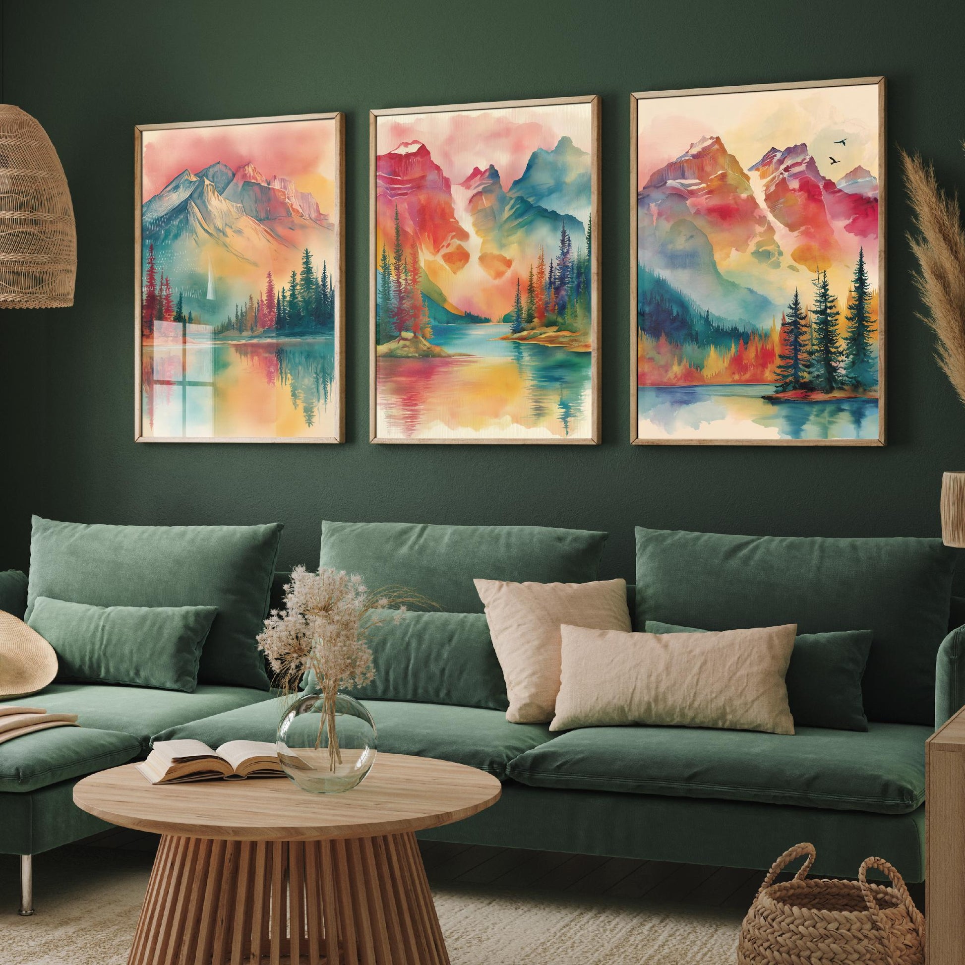 Canadian Rockies Set of Three Art Prints - 3 Vibrant Mountain Lake Watercolour Posters - Rainbow Landscape Wall Decor Canada Gift