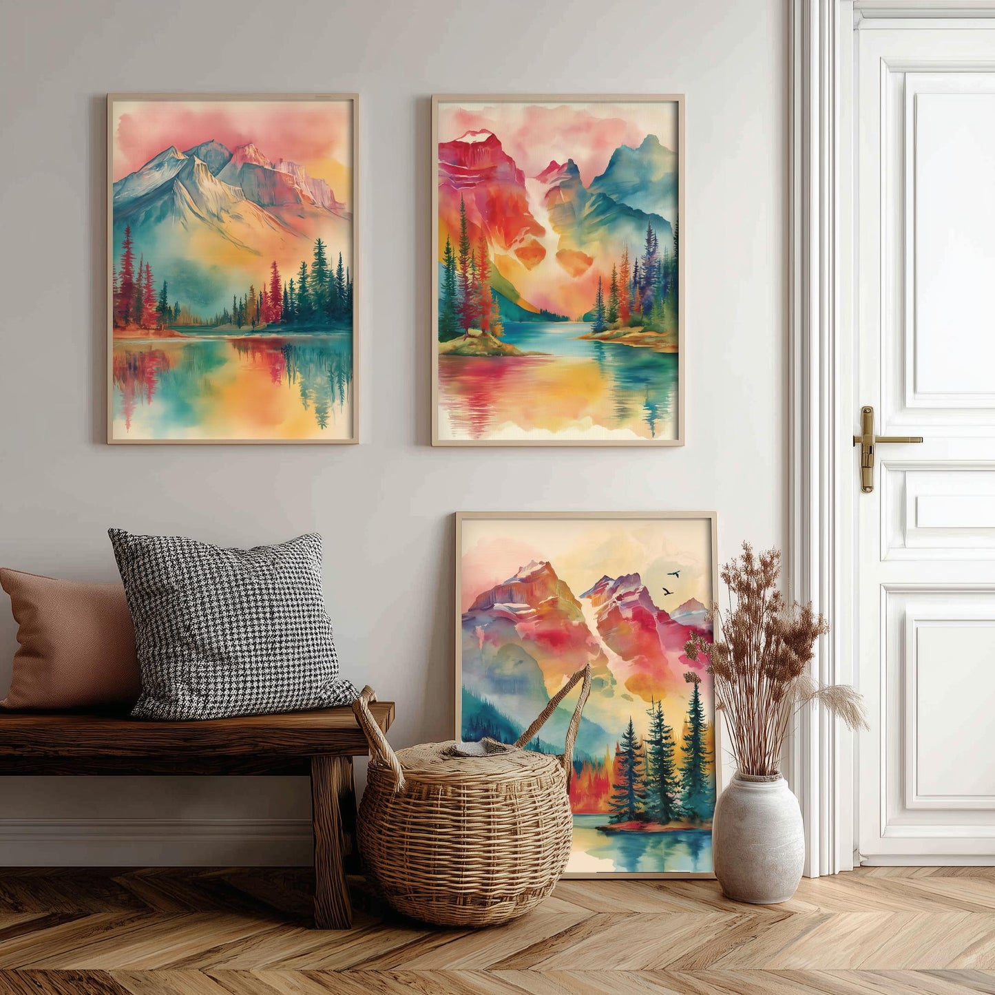 Canadian Rockies Set of Three Art Prints - 3 Vibrant Mountain Lake Watercolour Posters - Rainbow Landscape Wall Decor Canada Gift