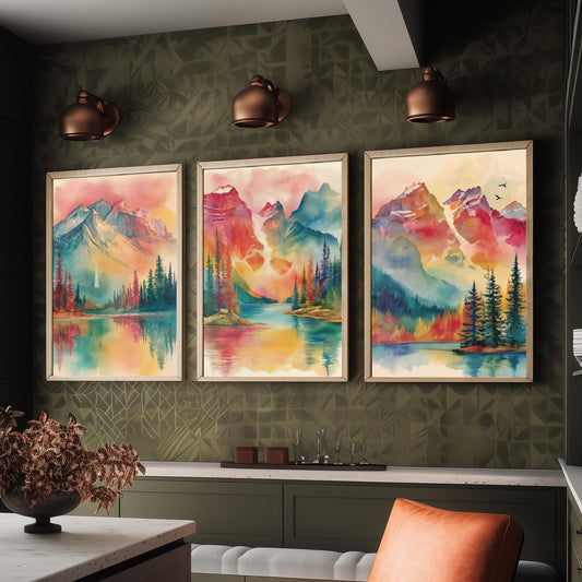 Canadian Rockies Set of Three Art Prints - 3 Vibrant Mountain Lake Watercolour Posters - Rainbow Landscape Wall Decor Canada Gift