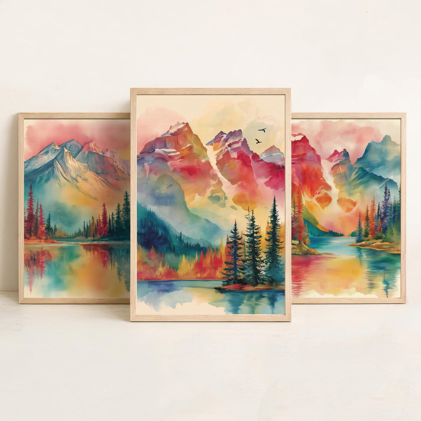 Canadian Rockies Set of Three Art Prints - 3 Vibrant Mountain Lake Watercolour Posters - Rainbow Landscape Wall Decor Canada Gift
