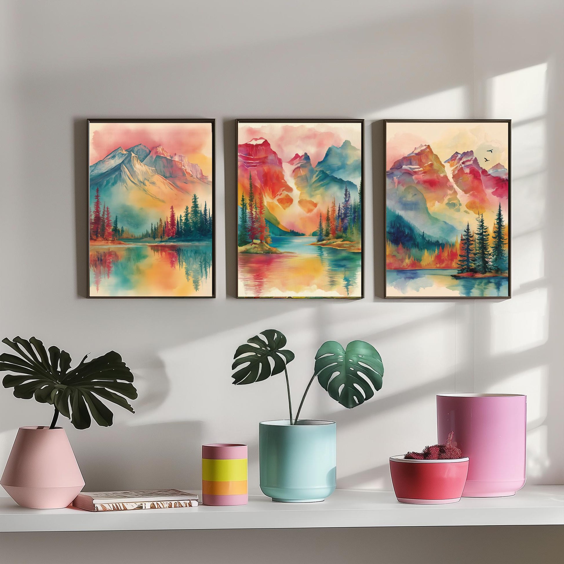 Canadian Rockies Set of Three Art Prints - 3 Vibrant Mountain Lake Watercolour Posters - Rainbow Landscape Wall Decor Canada Gift