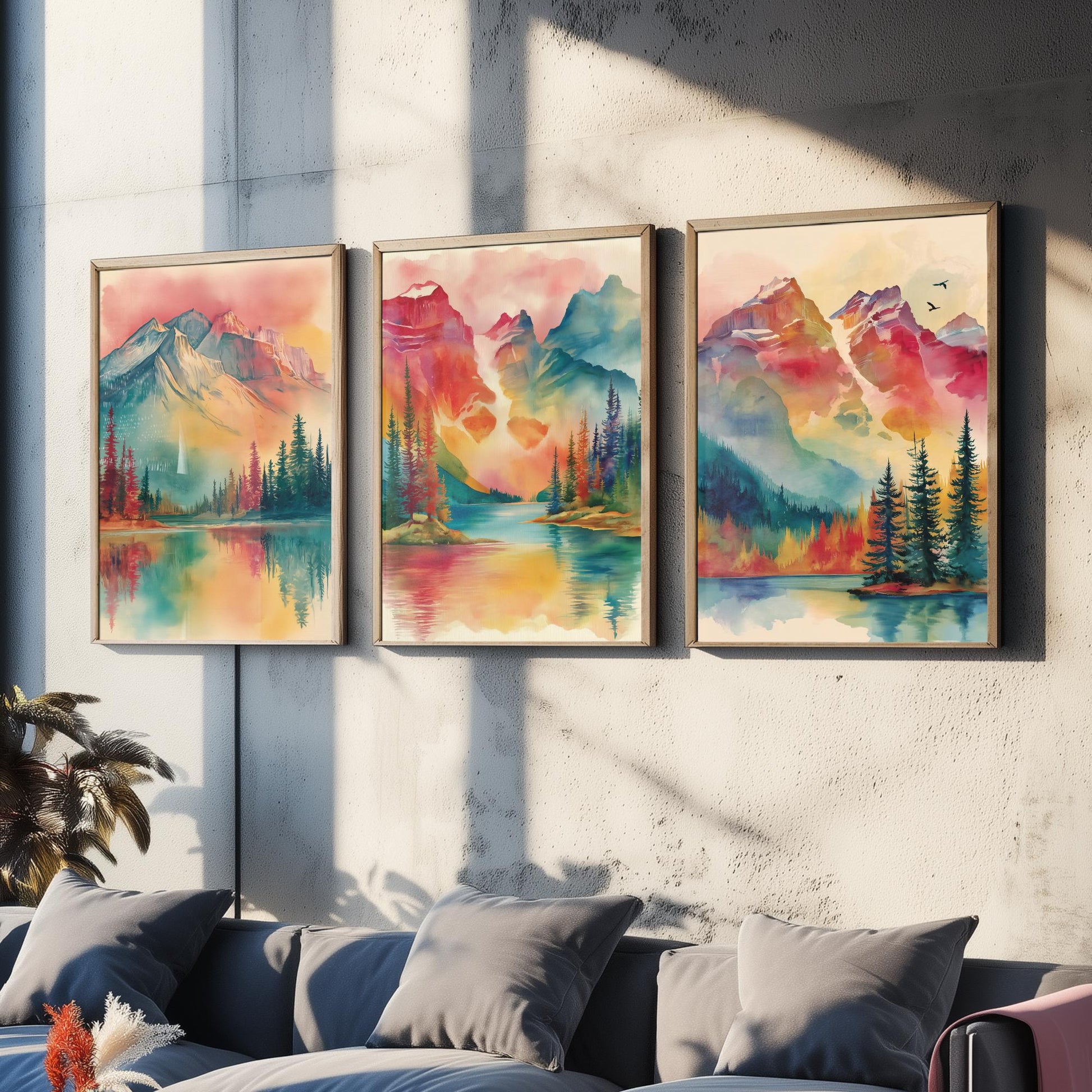 Canadian Rockies Set of Three Art Prints - 3 Vibrant Mountain Lake Watercolour Posters - Rainbow Landscape Wall Decor Canada Gift