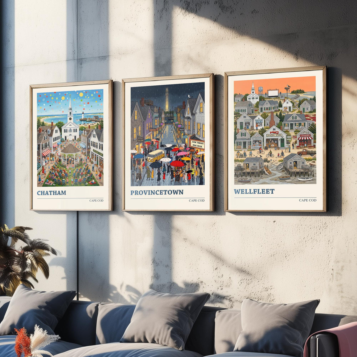 Cape Cod Set of Three Art Prints - Chatham, Provincetown, Wellfleet - 3 Colourful Folk Illustration Travel Posters - New England Painting