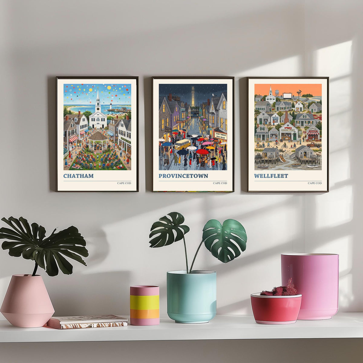 Cape Cod Set of Three Art Prints - Chatham, Provincetown, Wellfleet - 3 Colourful Folk Illustration Travel Posters - New England Painting