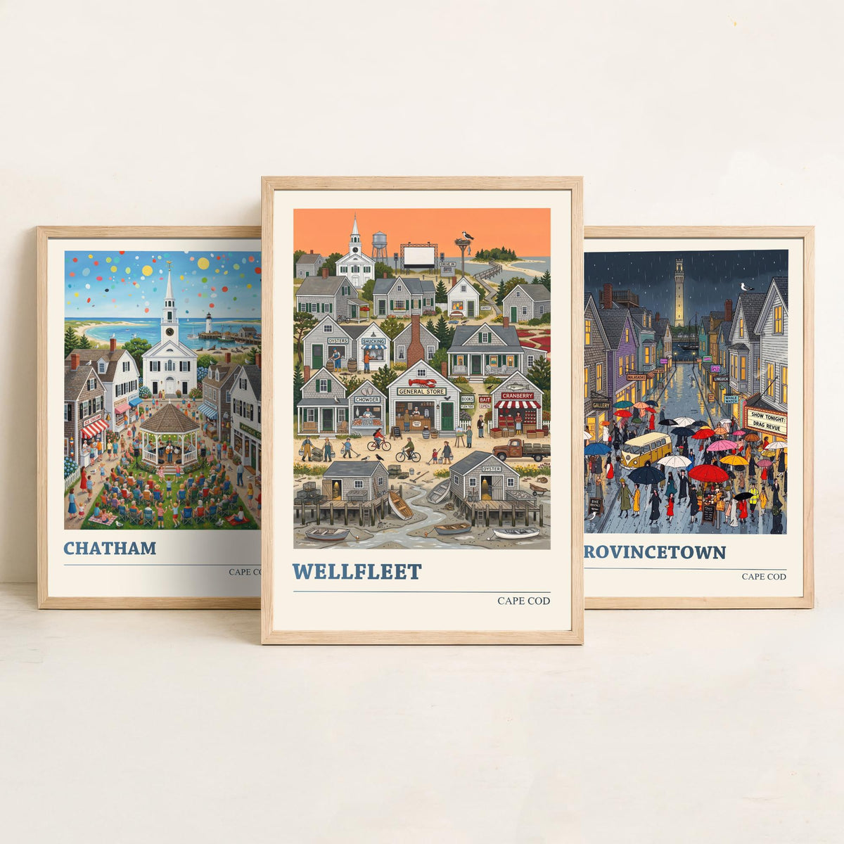 Cape Cod Set of Three Art Prints - Chatham, Provincetown, Wellfleet - 3 Colourful Folk Illustration Travel Posters - New England Painting