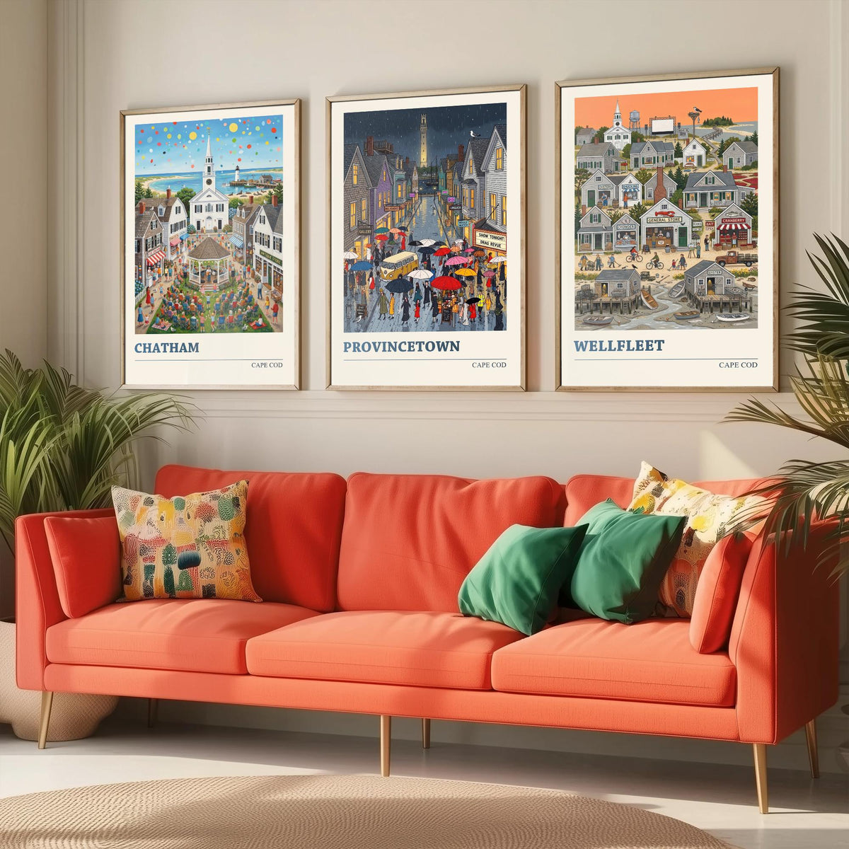 Cape Cod Set of Three Art Prints - Chatham, Provincetown, Wellfleet - 3 Colourful Folk Illustration Travel Posters - New England Painting