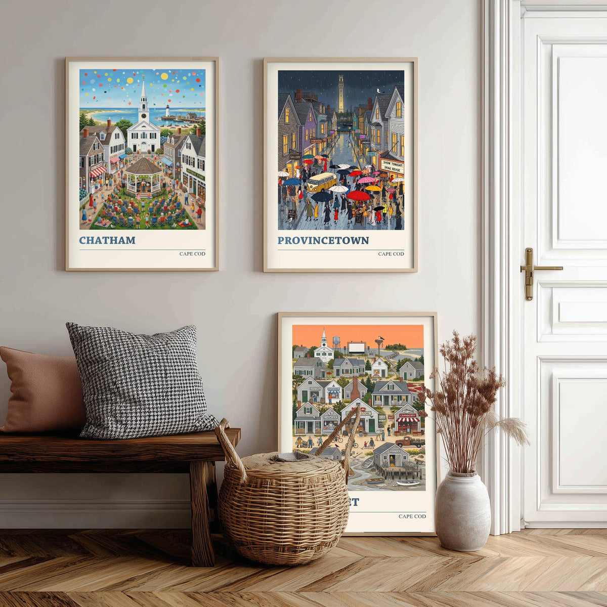 Cape Cod Set of Three Art Prints - Chatham, Provincetown, Wellfleet - 3 Colourful Folk Illustration Travel Posters - New England Painting