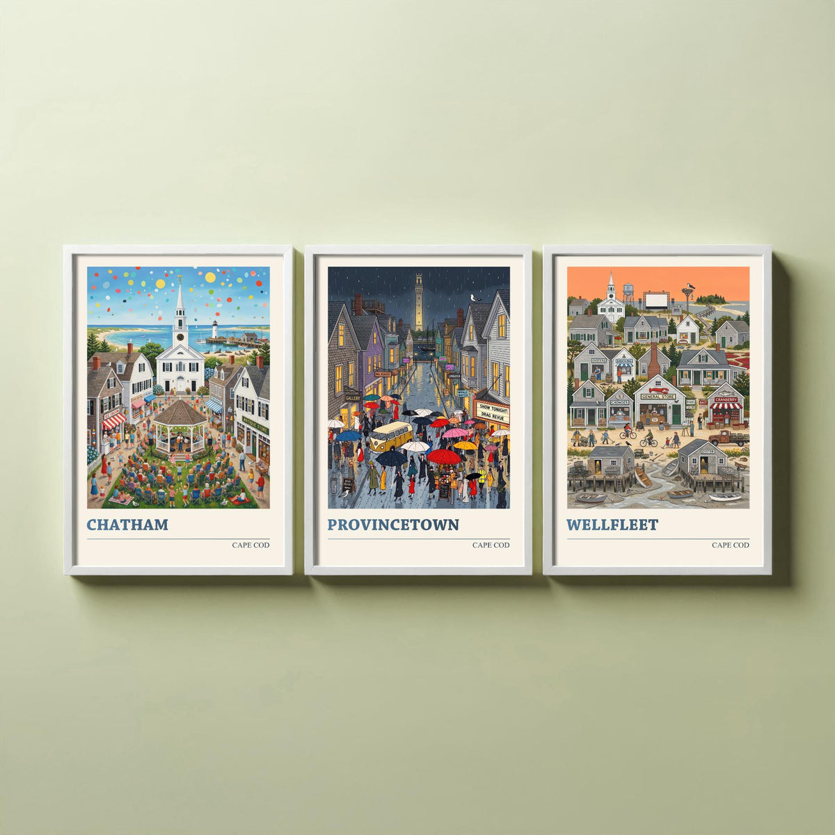 Cape Cod Set of Three Art Prints - Chatham, Provincetown, Wellfleet - 3 Colourful Folk Illustration Travel Posters - New England Painting
