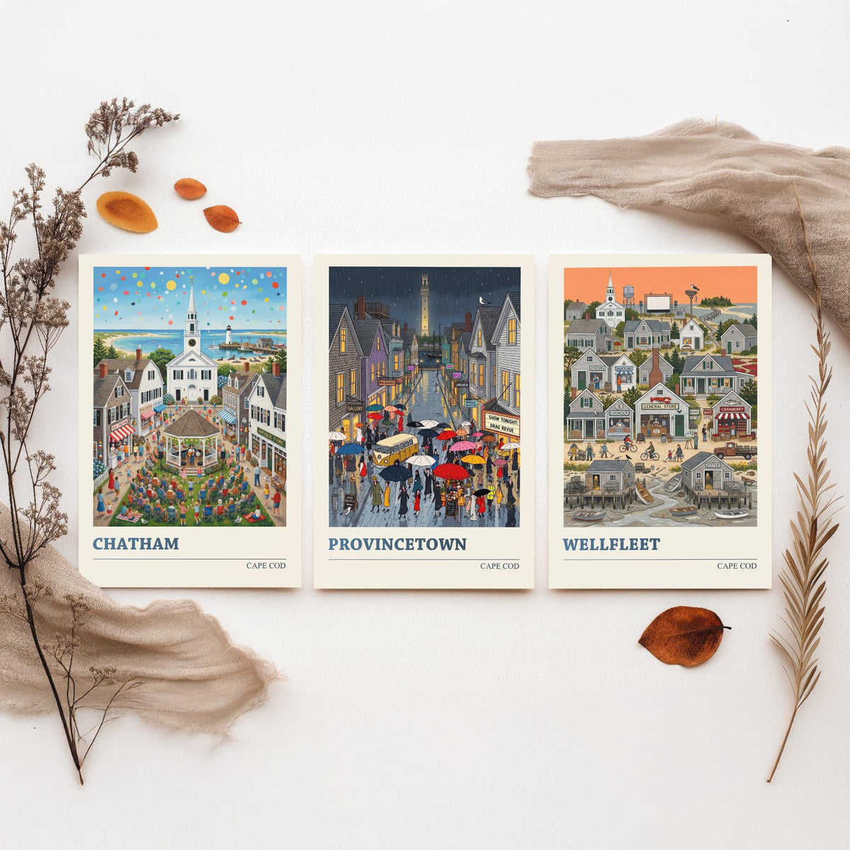 Cape Cod Set of Three Art Prints - Chatham, Provincetown, Wellfleet - 3 Colourful Folk Illustration Travel Posters - New England Painting