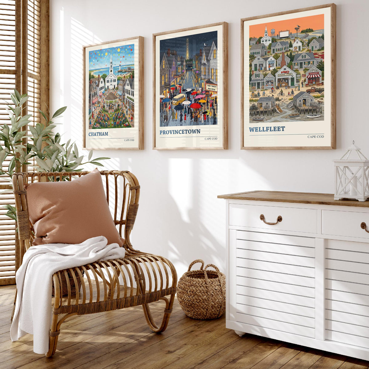 Cape Cod Set of Three Art Prints - Chatham, Provincetown, Wellfleet - 3 Colourful Folk Illustration Travel Posters - New England Painting