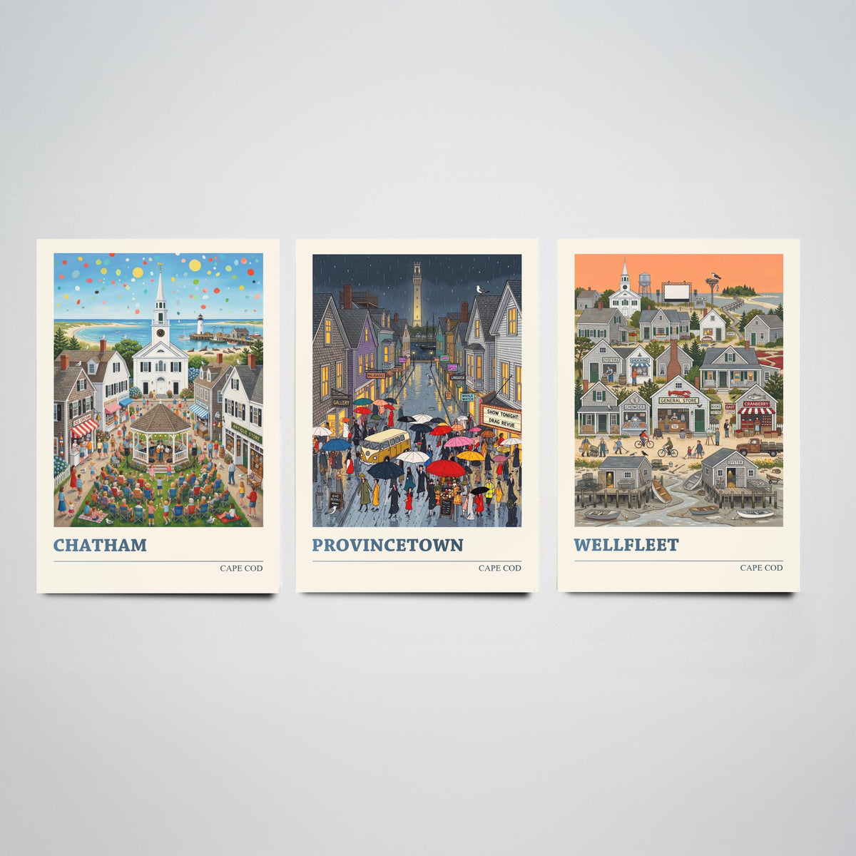 Cape Cod Set of Three Art Prints - Chatham, Provincetown, Wellfleet - 3 Colourful Folk Illustration Travel Posters - New England Painting