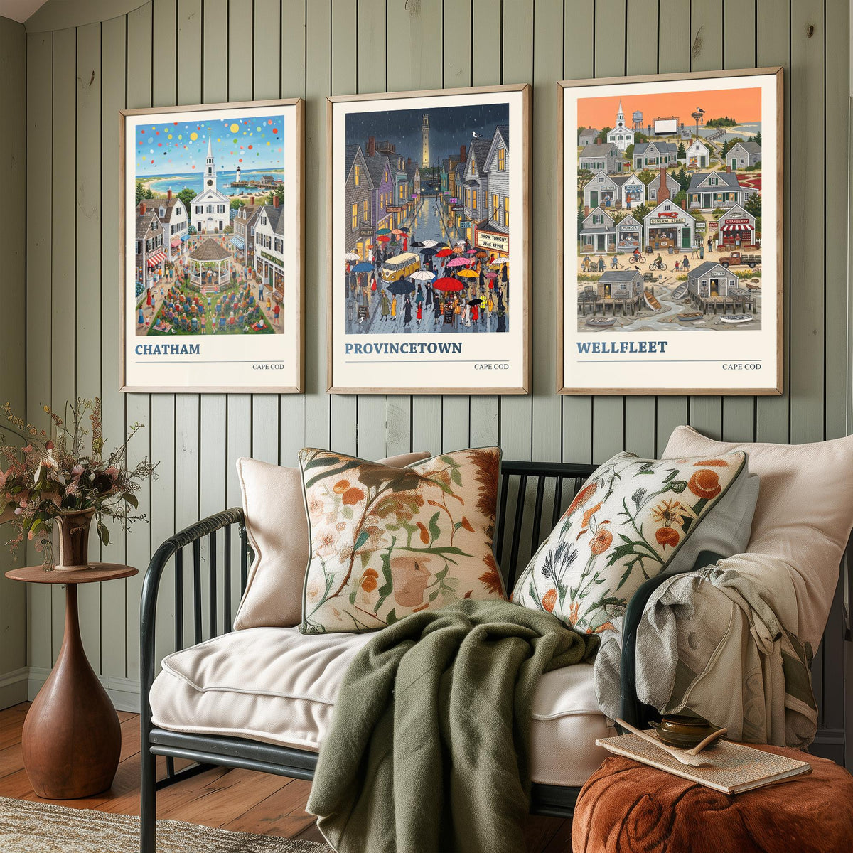 Cape Cod Set of Three Art Prints - Chatham, Provincetown, Wellfleet - 3 Colourful Folk Illustration Travel Posters - New England Painting
