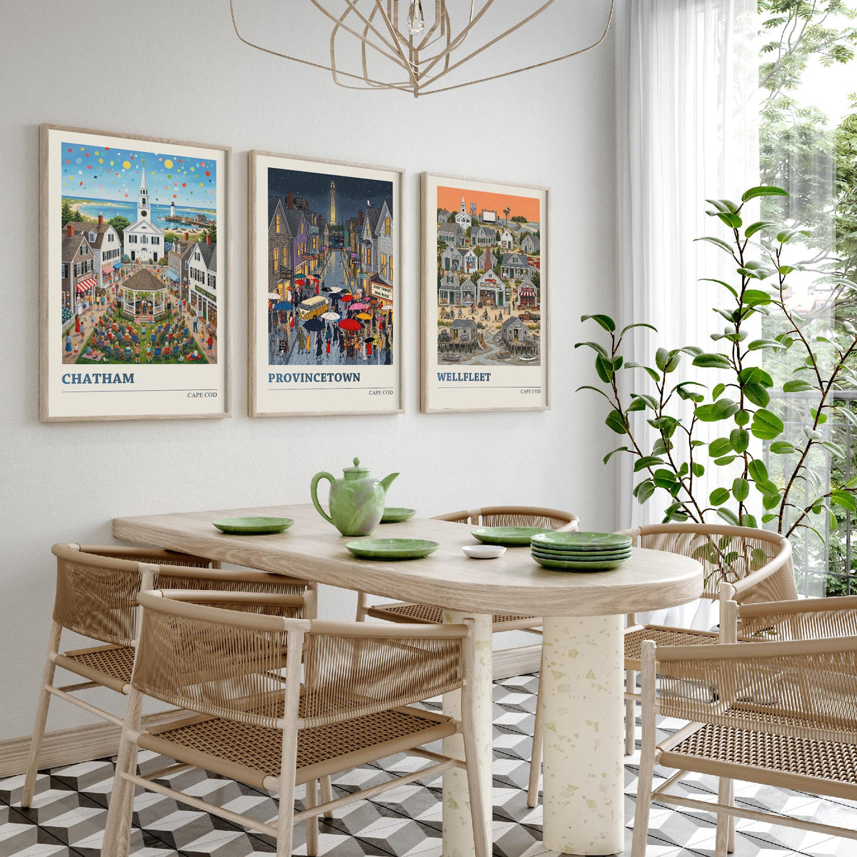 Cape Cod Set of Three Art Prints - Chatham, Provincetown, Wellfleet - 3 Colourful Folk Illustration Travel Posters - New England Painting