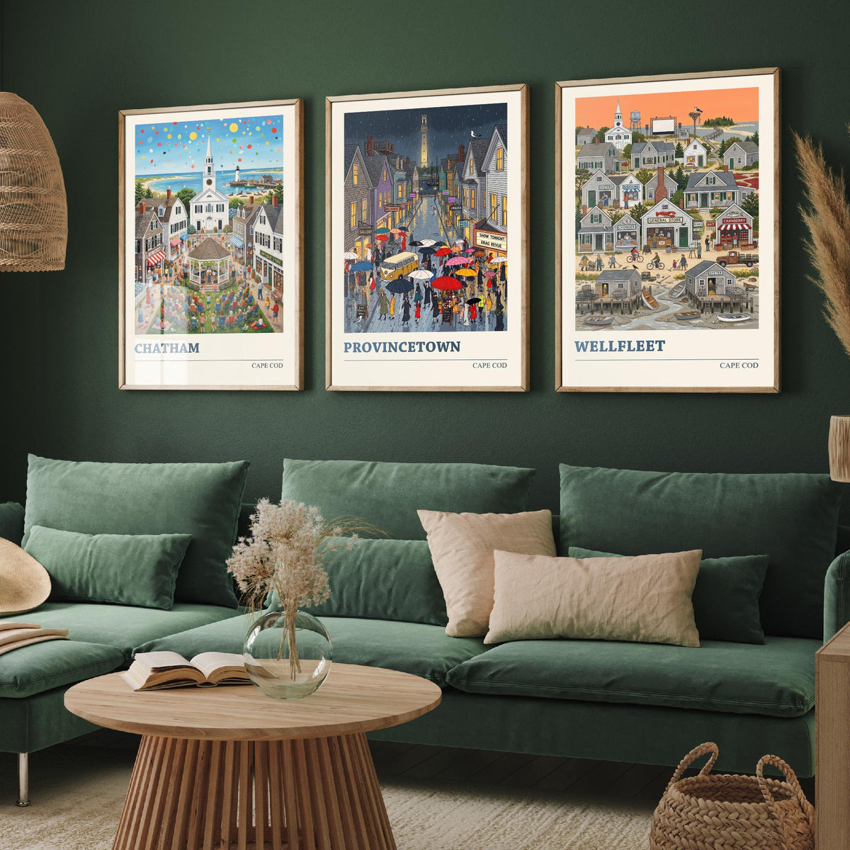 Cape Cod Set of Three Art Prints - Chatham, Provincetown, Wellfleet - 3 Colourful Folk Illustration Travel Posters - New England Painting