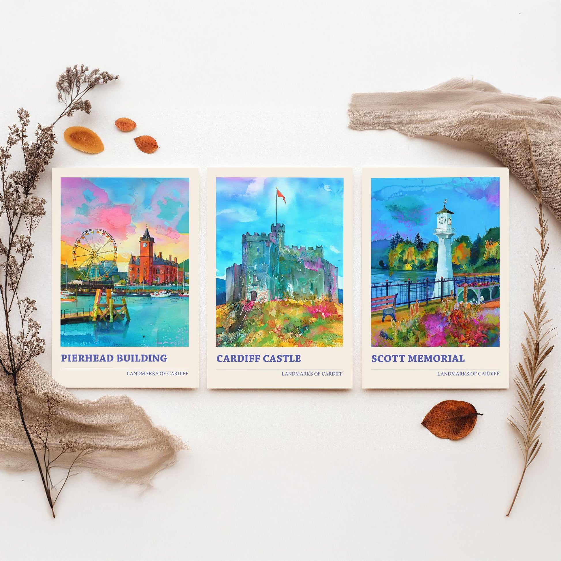Cardiff Landmarks Wales Set of Three Prints | Pierhead Building Cardiff Castle Scott Memorial | Watercolour Travel Wall Art Poster
